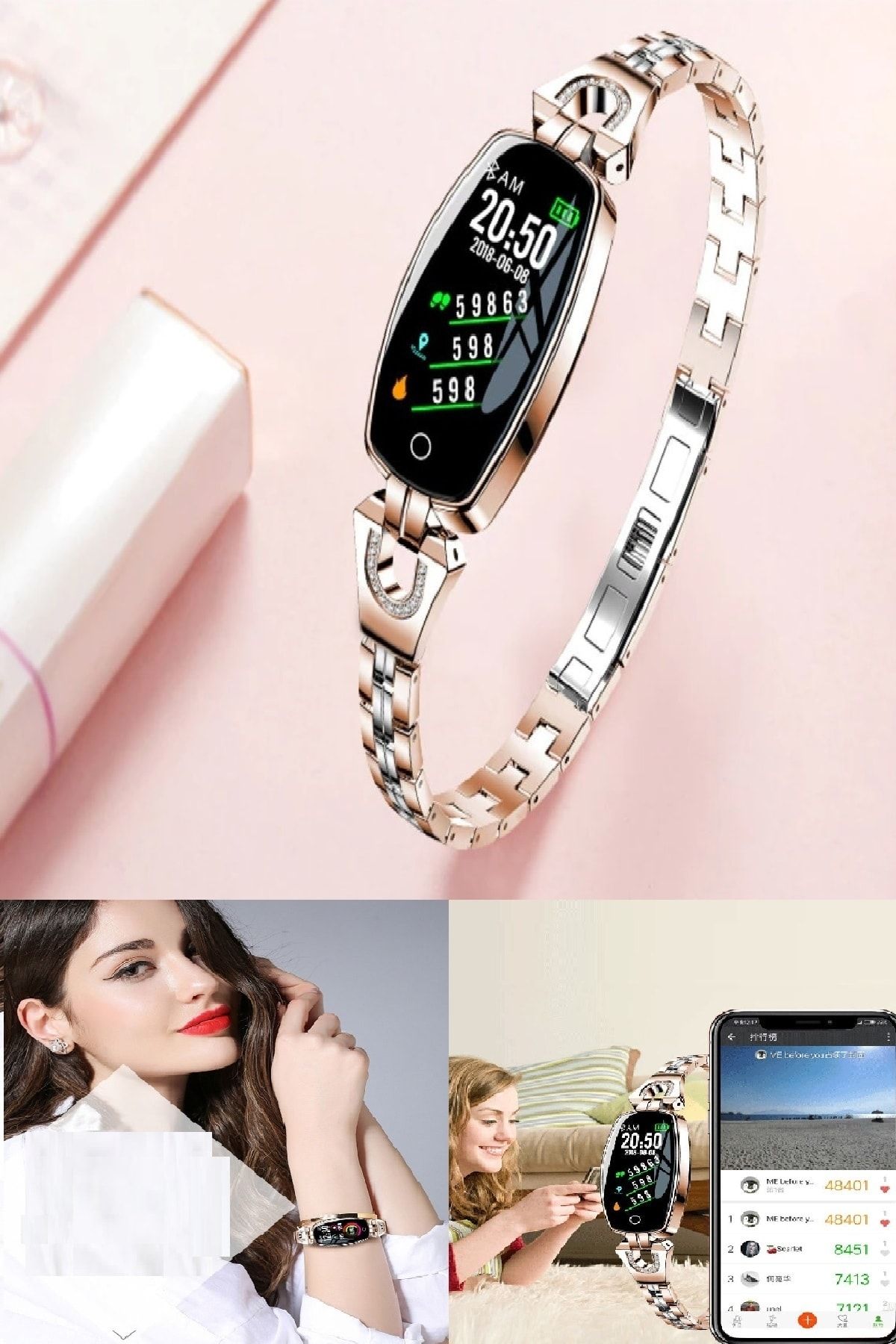 Midday Şık Tasarım Adım Sayar, Nabız Ve Kalp Ölçer Mesaj, Ios & Android Uyumlu Gold H-8 Kadın Akıllı Saat