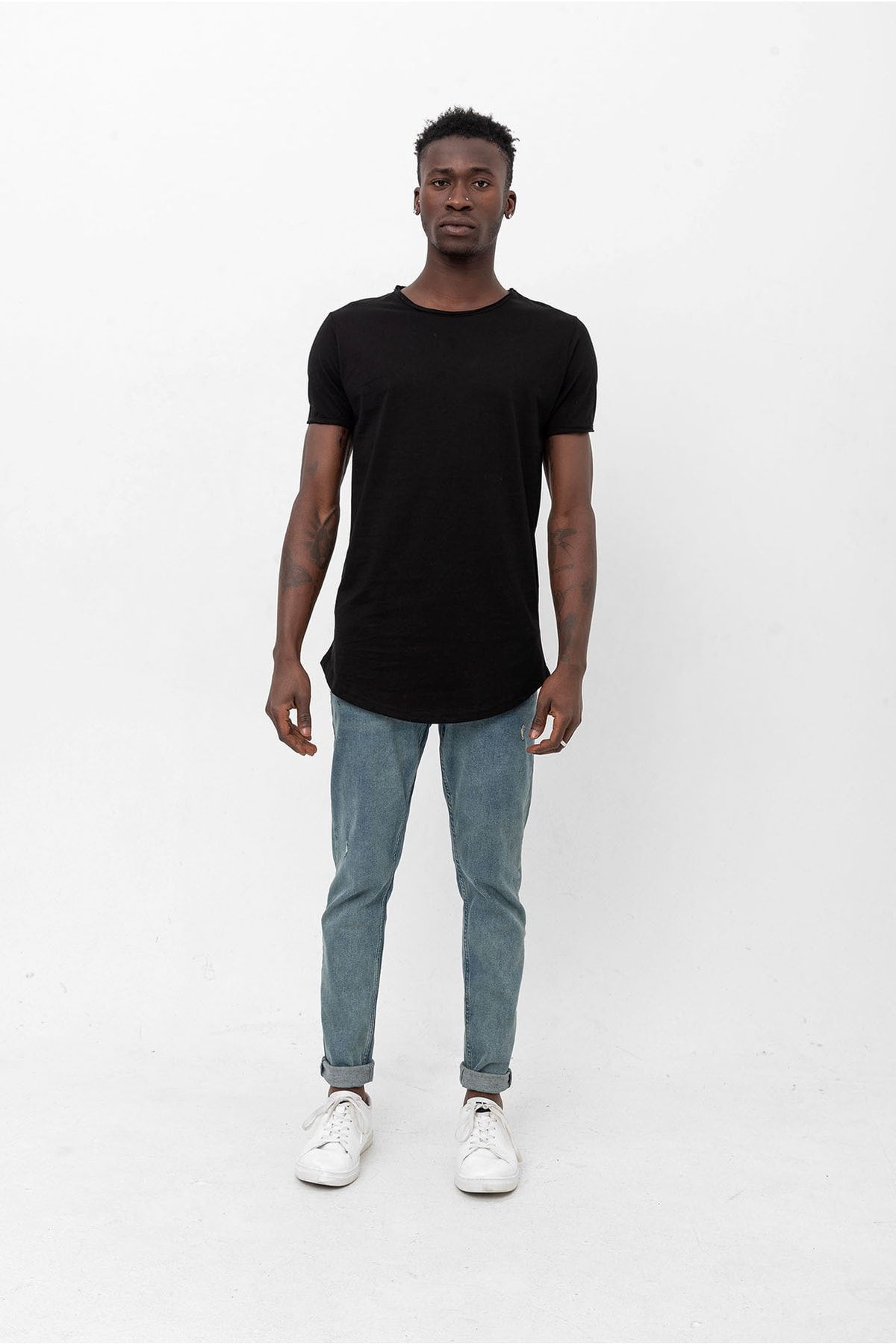 WAMOSSALAPLI Slim Fit Siyah Oval Uzun Basic T-shirt