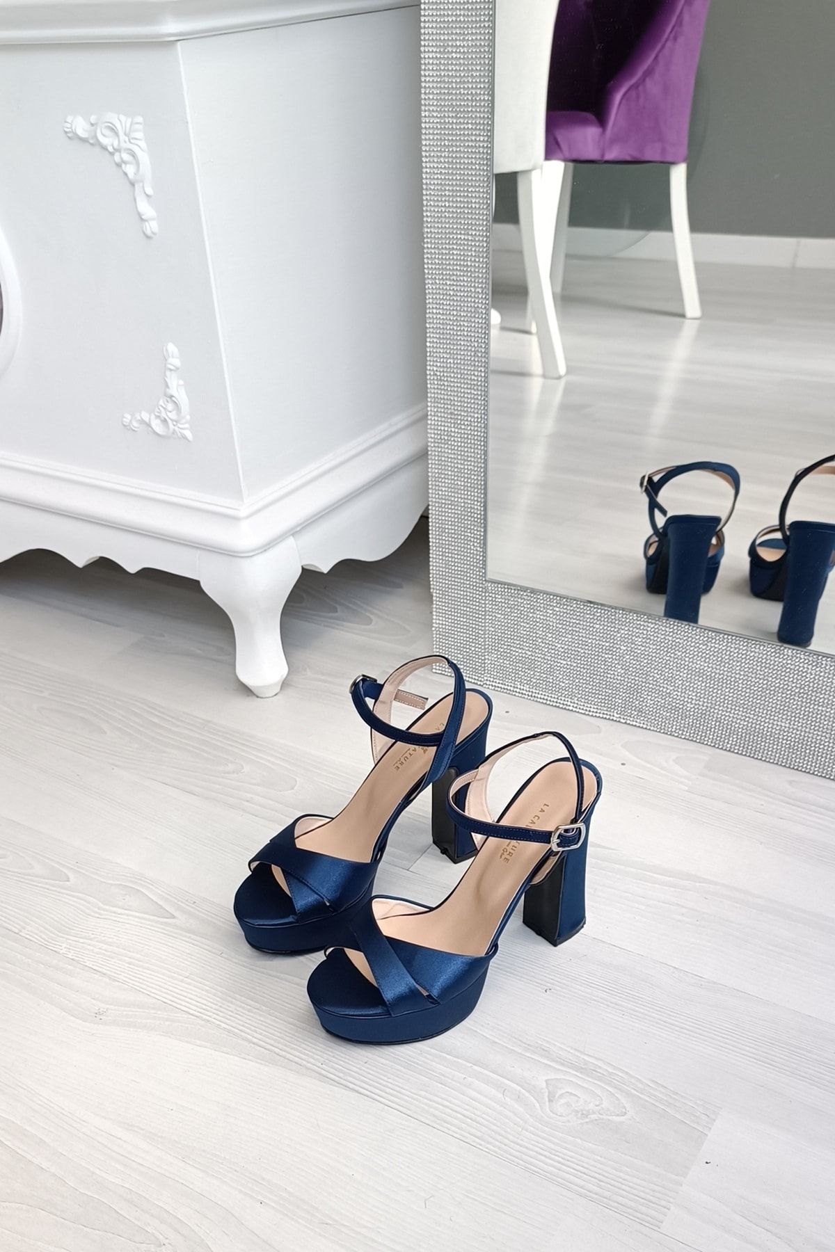 CL CALZATURE Lacivert Saten 12,5 Cm Kalın Topuklu Platformlu Çapraz Bantlı Bilek Kemerli Abiye Kadın Ayakkabı