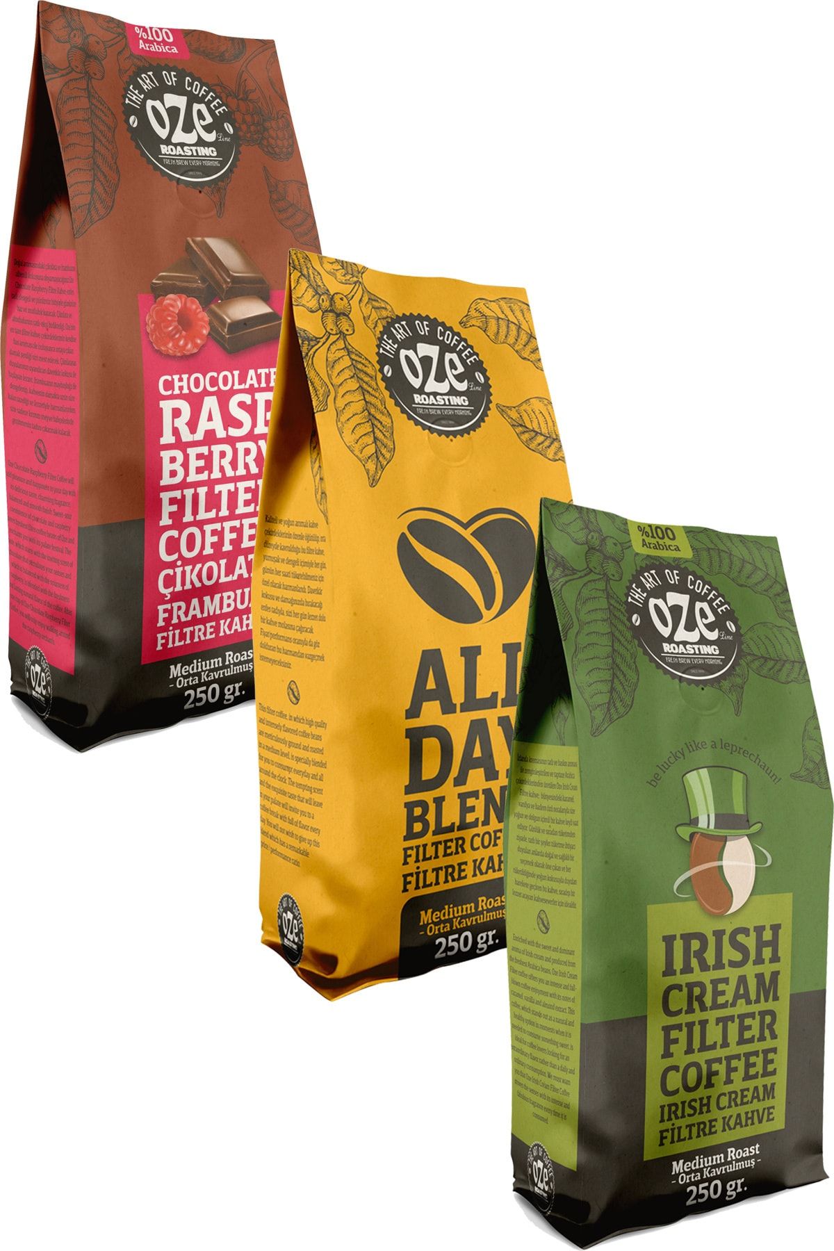 Oze Aromalı Filtre Kahve Tanışma Seti Irish Cream, All Day Blend, Çikolata Frambuaz 3'lü 250g