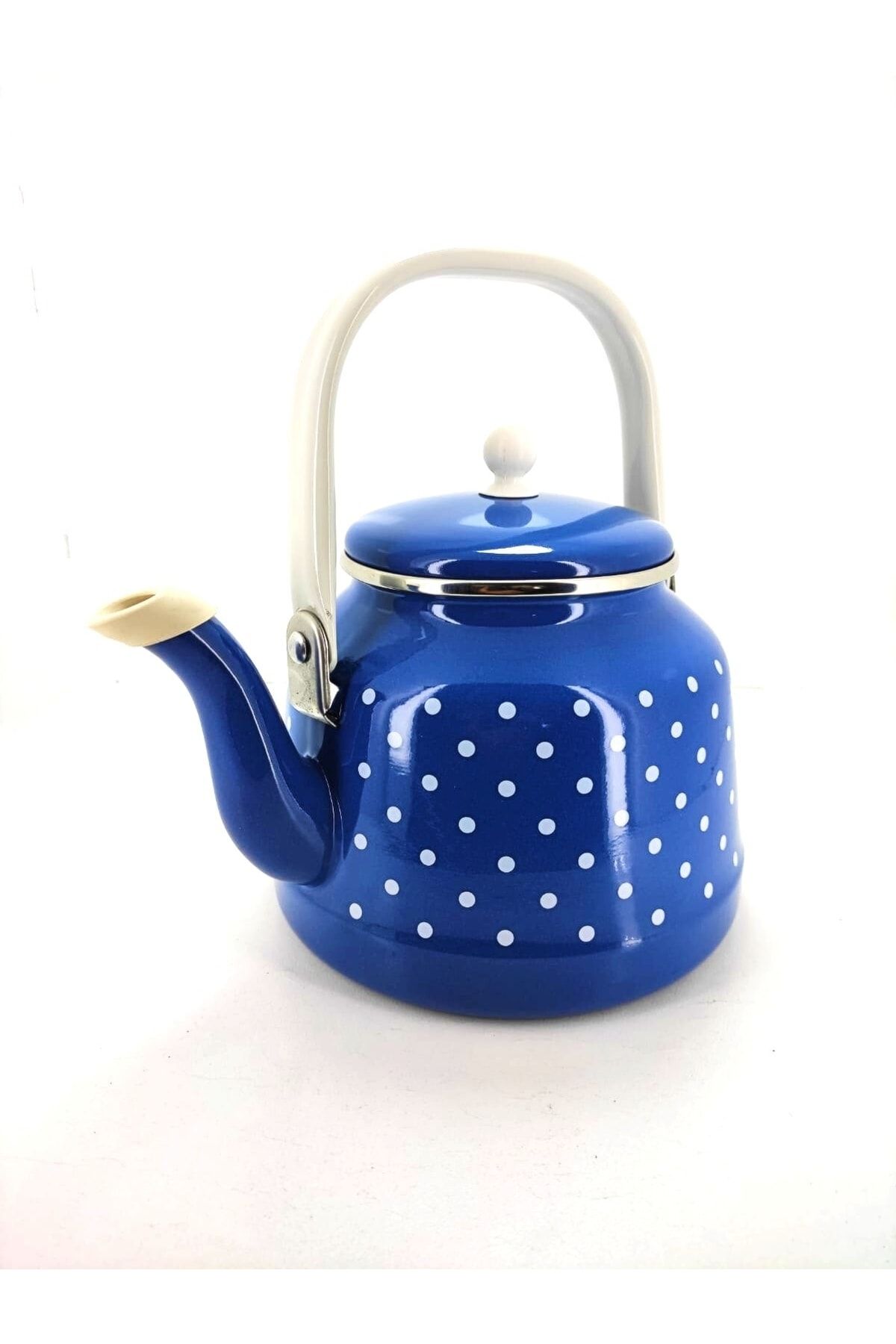 qussine Emaye Çaydanlık 2,5 Litre Çinko Bitki Çayı Demliği Mavi Puantiyeli Çaydanlık