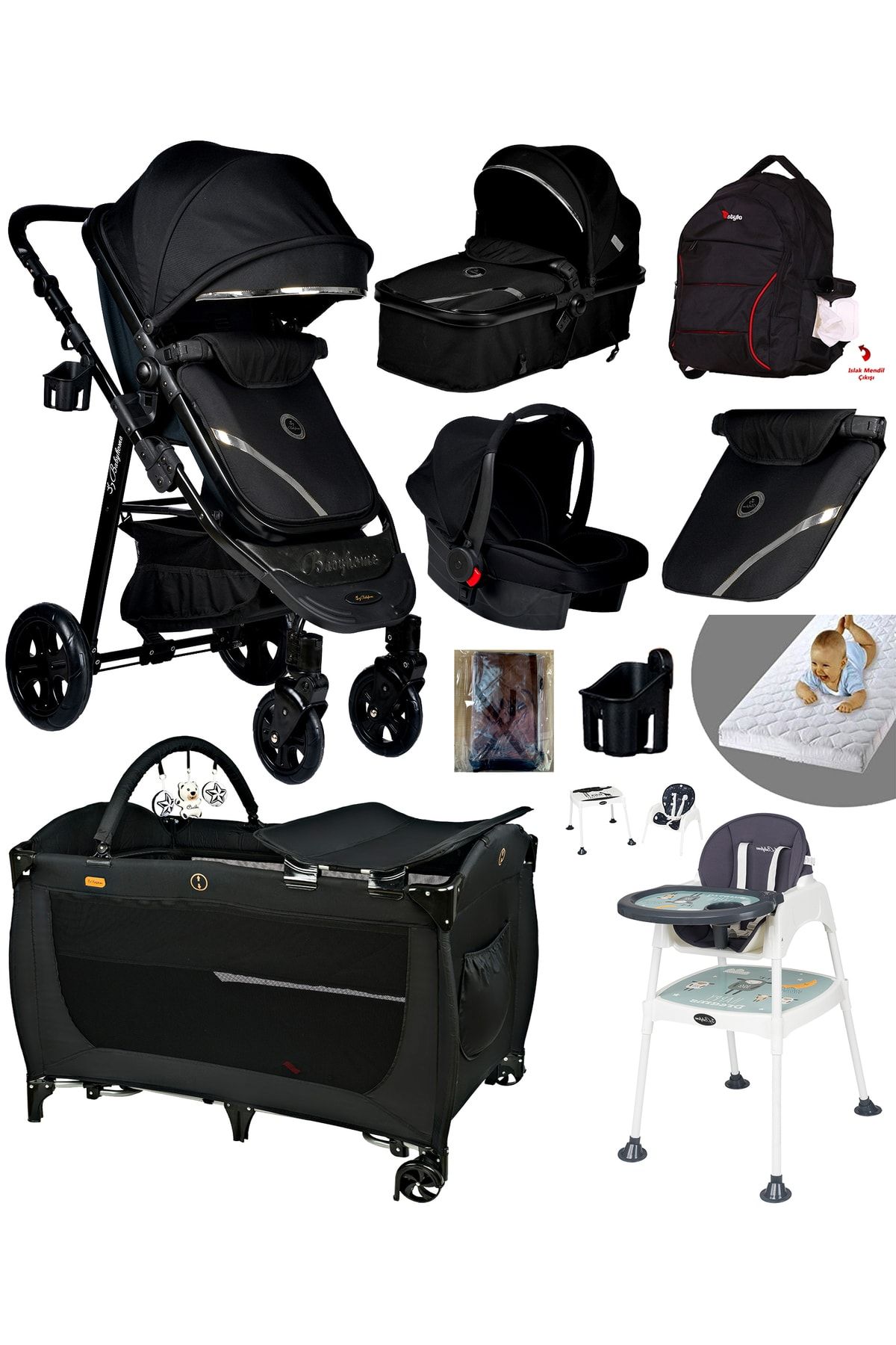 Baby Home Ekonomi Paket 10 In 1 940 Travel Sistem Bebek Arabası 560 Oyun Parkı Yatak Beşik Ve Mama Sandalyesi