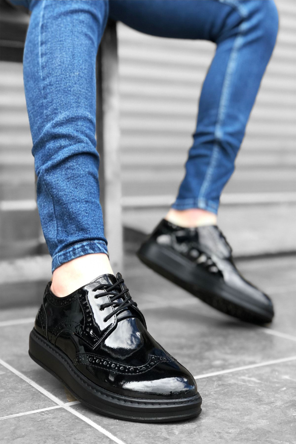 Dastrau Bağcıklı Klasik Siyah Rugan Yüksek Taban Casual Erkek Ayakkabı
