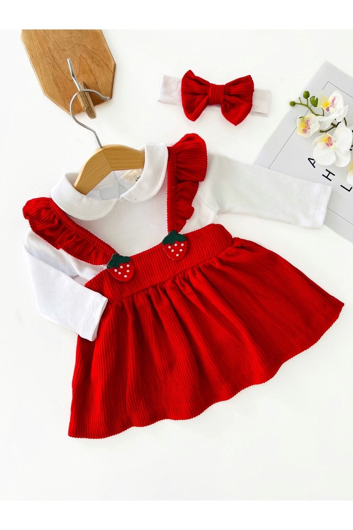 COLORED BABY Kız Bebek Çilek Detaylı Fitilli Elbise 3 Parça - Minty