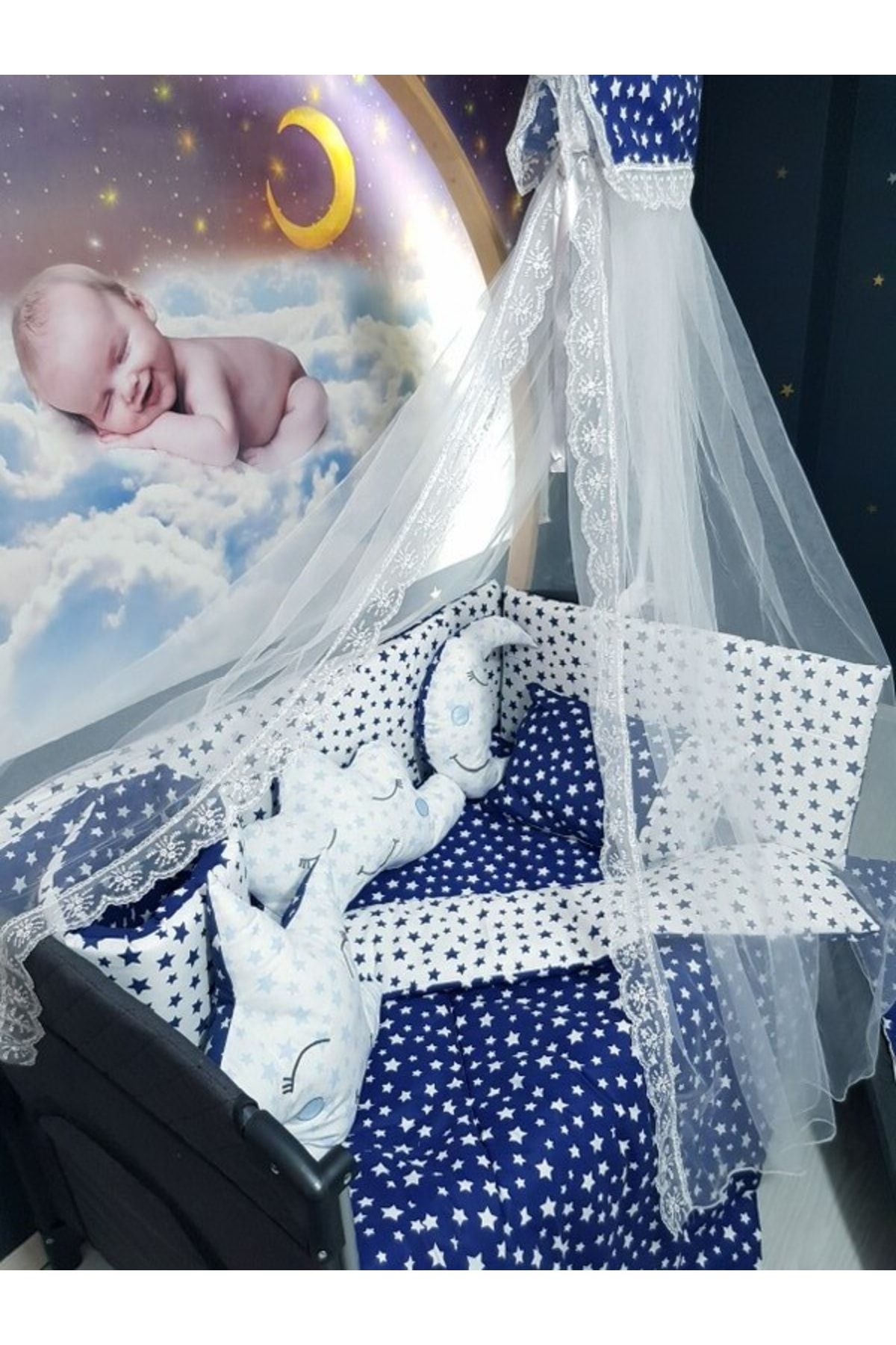 SOBEE 70x110 Bebek Uyku Seti Cibinlikli Yıldız Desen Park Beşiklere Uyumlu 12 Parça