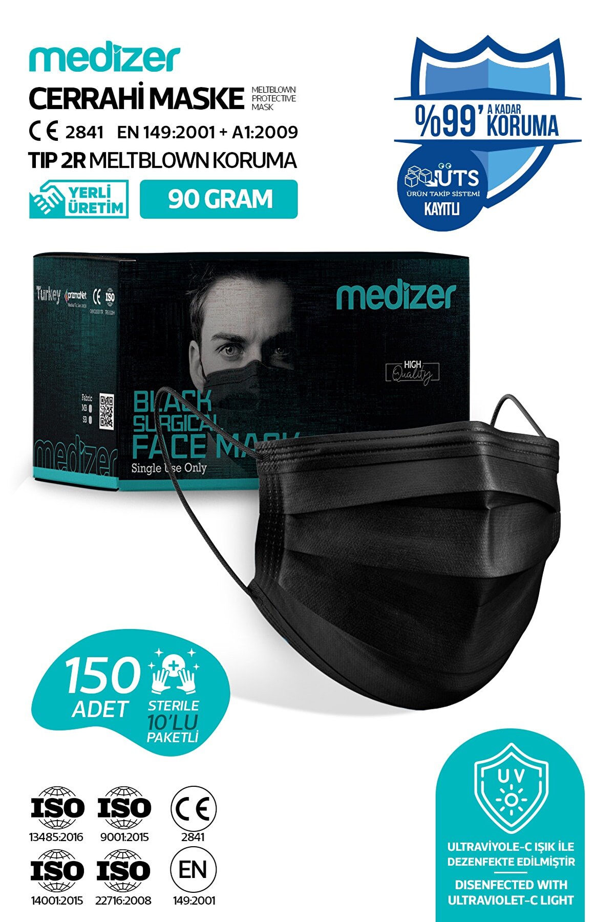 Sabomar Medizer Siyah Cerrahi Maske Meltblown - 150 Adet