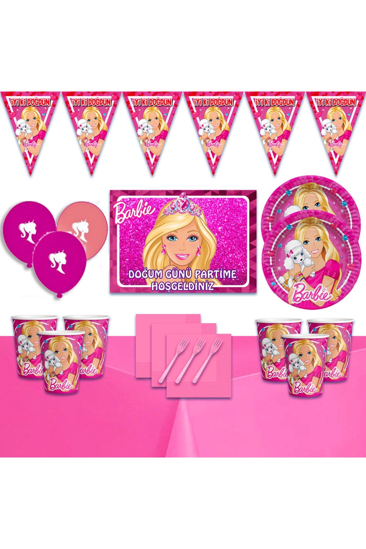 Barbie Bebek Afişli 32 Kişilik Doğum Günü Parti Süsleri Malzemeleri Seti