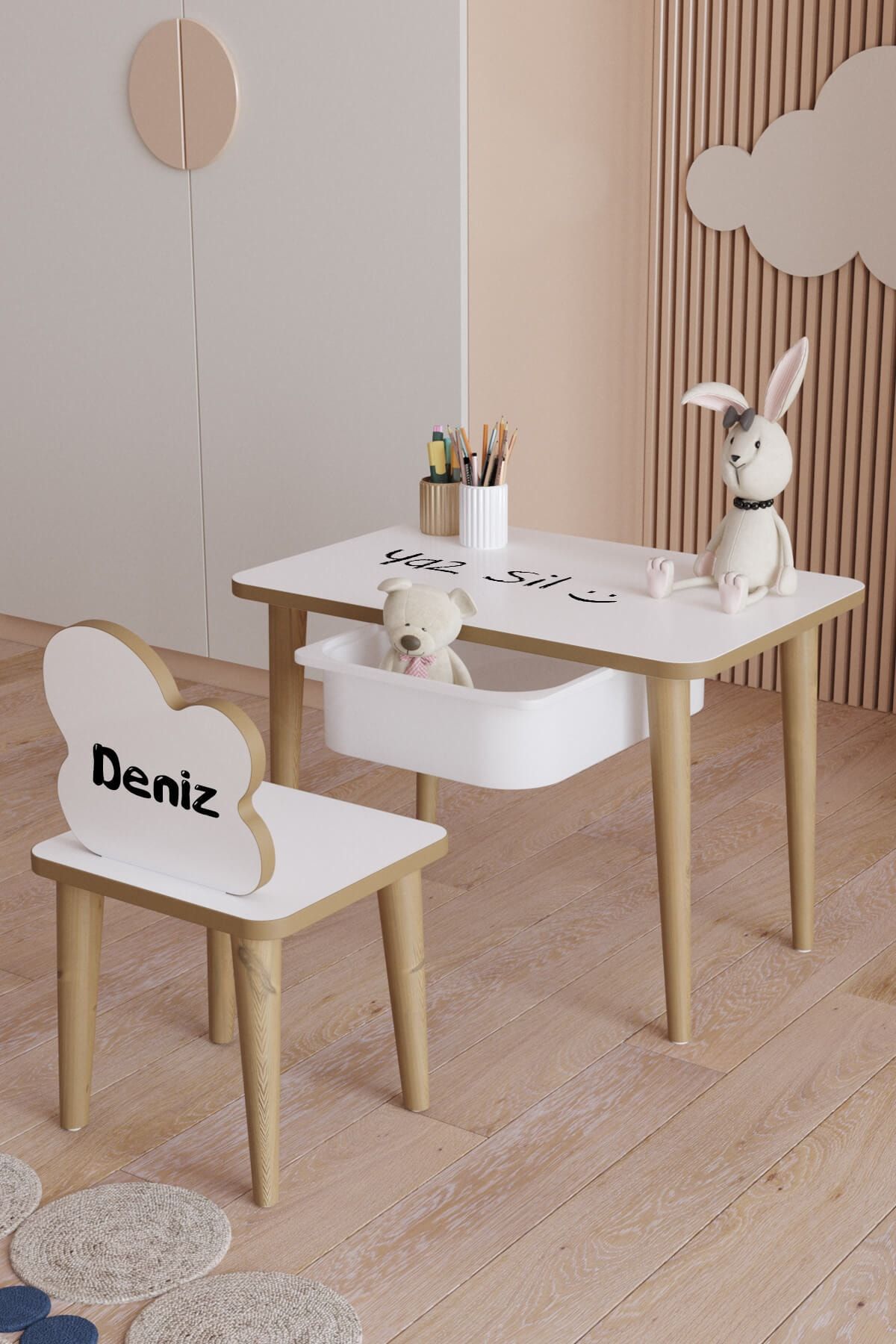 YüceerHome Çocuk Masa Sandalye Özel Isimli Çekmeceli Yaz Sil Oyun Etkinlik 1 Adet Masa 1 Adet Sandalye
