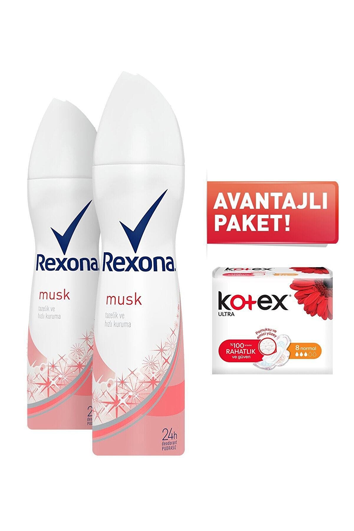 Rexona Musk Kadın Sprey Deodorant 150 ml X 2 Adet + Kotex 8'l Normal