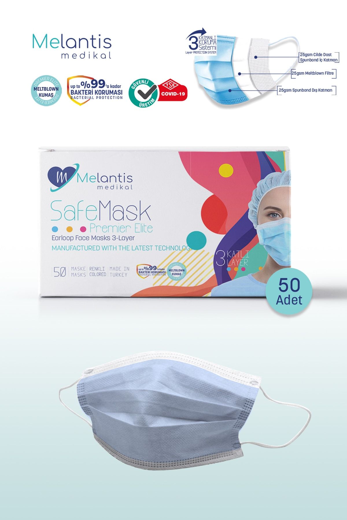 Melantis Medikal Meltblownlu  Tip 2r 3 Katlı Telli Cerrahi Maske 1 Kutu 50 Adet Açık Mavi
