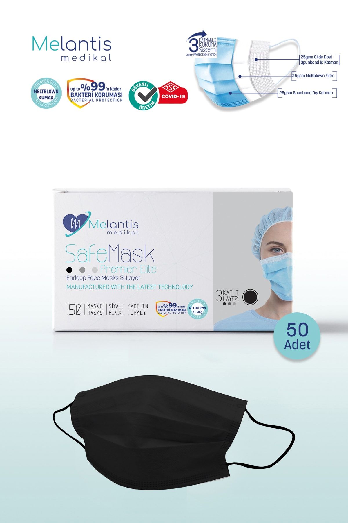 Melantis Medikal Tek Kullanımlık 3 Katlı Telli Cerrahi Maske 1 Kutu 50 Adet Siyah
