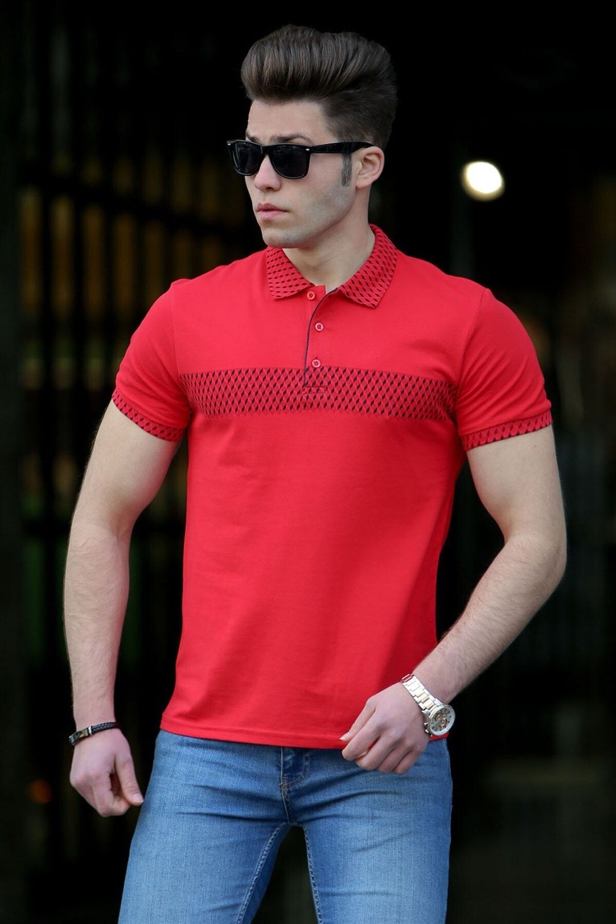 Madmext Erkek Kırmızı Desenli Polo Yaka T-shirt  3058-1