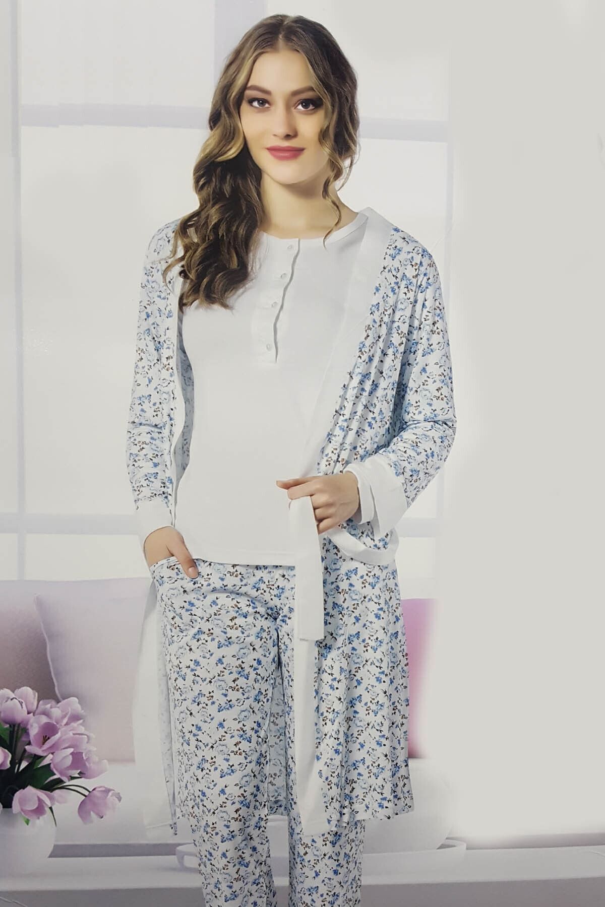 Aydoğan Homewear Kadın Mavi 3lü Sabahlıklı Cepli Kadın Kabartma Baskı Biye Detaylı Pijama Takımı