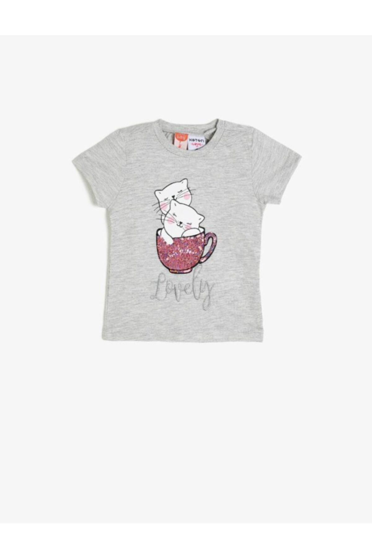 Koton Kız Bebek Gri Kedili T-Shirt
