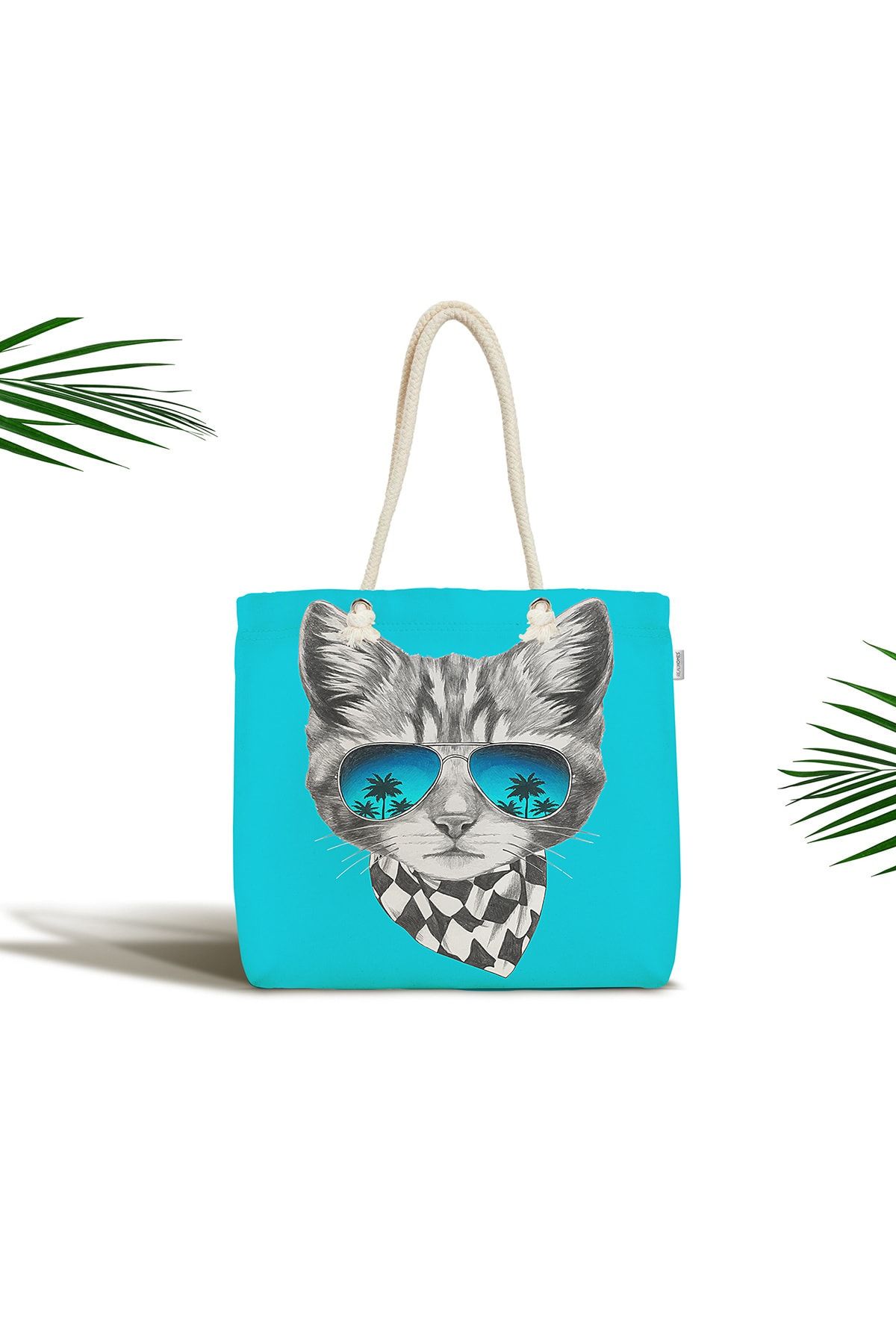 Realhomes Mavi Zeminde Gözlüklü Cool Kedi Motifli Fermuarlı Plaj Çantası