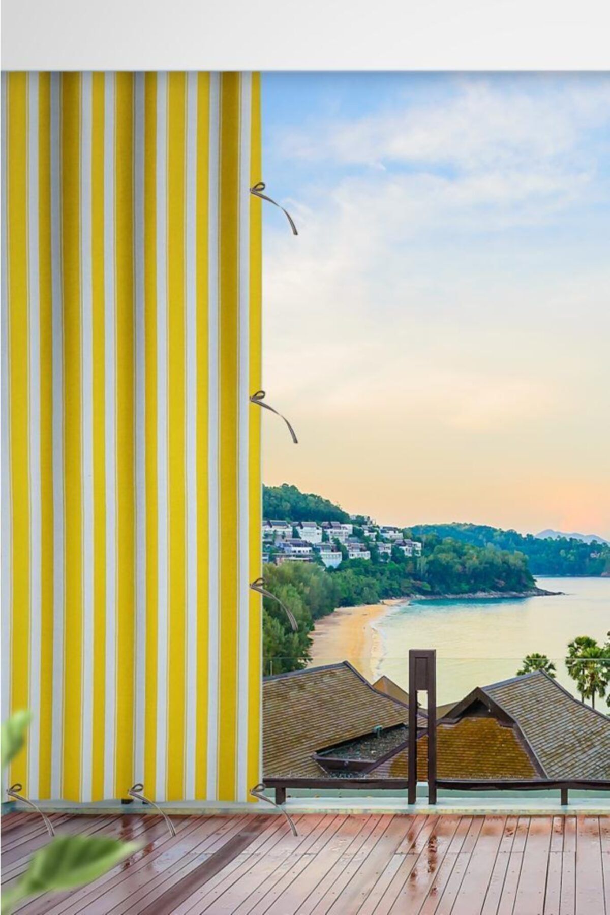 ALTINPAMUK Her Ölçüde Enxboy Seçenekli Bağcıklı Balkon Perdesi Balkon Brandası Sarı Beyaz
