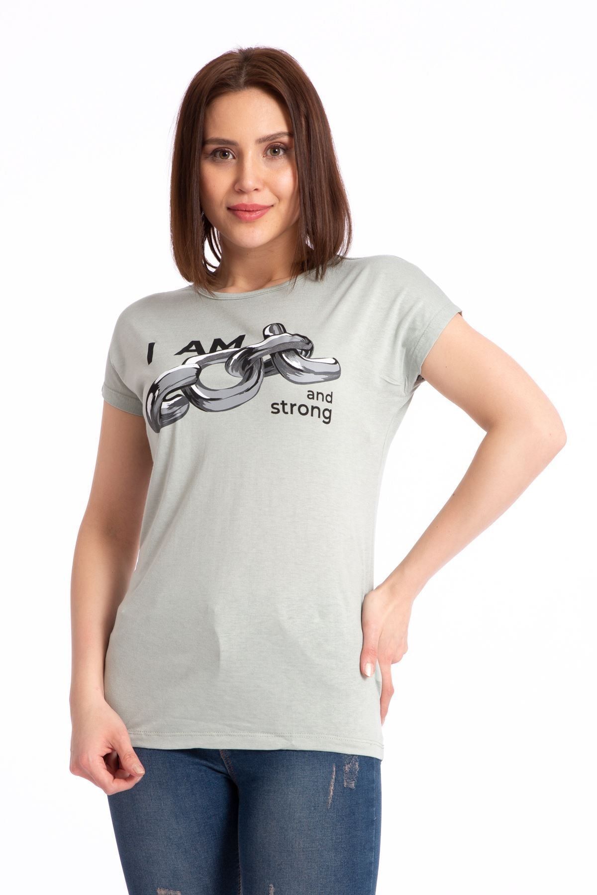 GİYSA Kadın Zincir Baskılı Salaş Kısa Kol Yeşil T-Shirt 19493