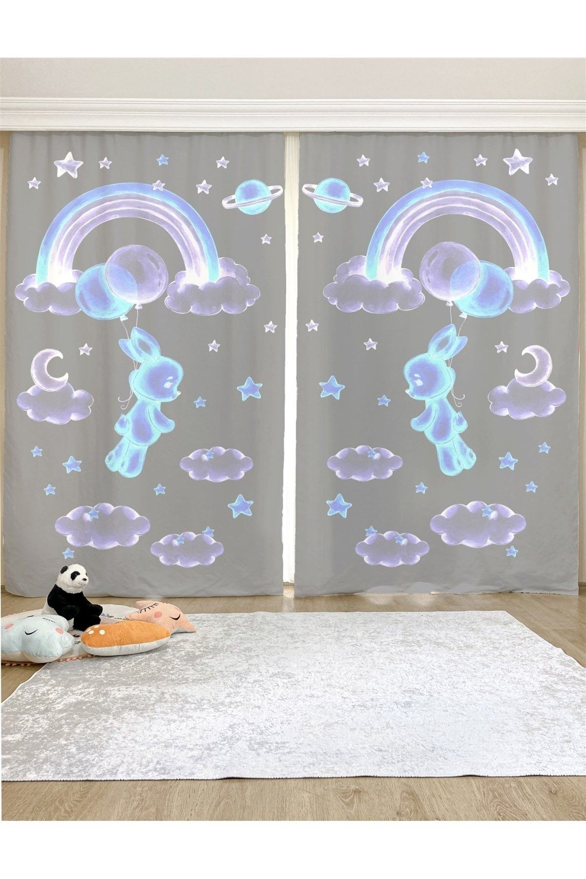 Evpanya Neon Tavşan Desenli Çocuk & Bebek Odası Fon Perde (tek Kanat Fiyatlandırma)