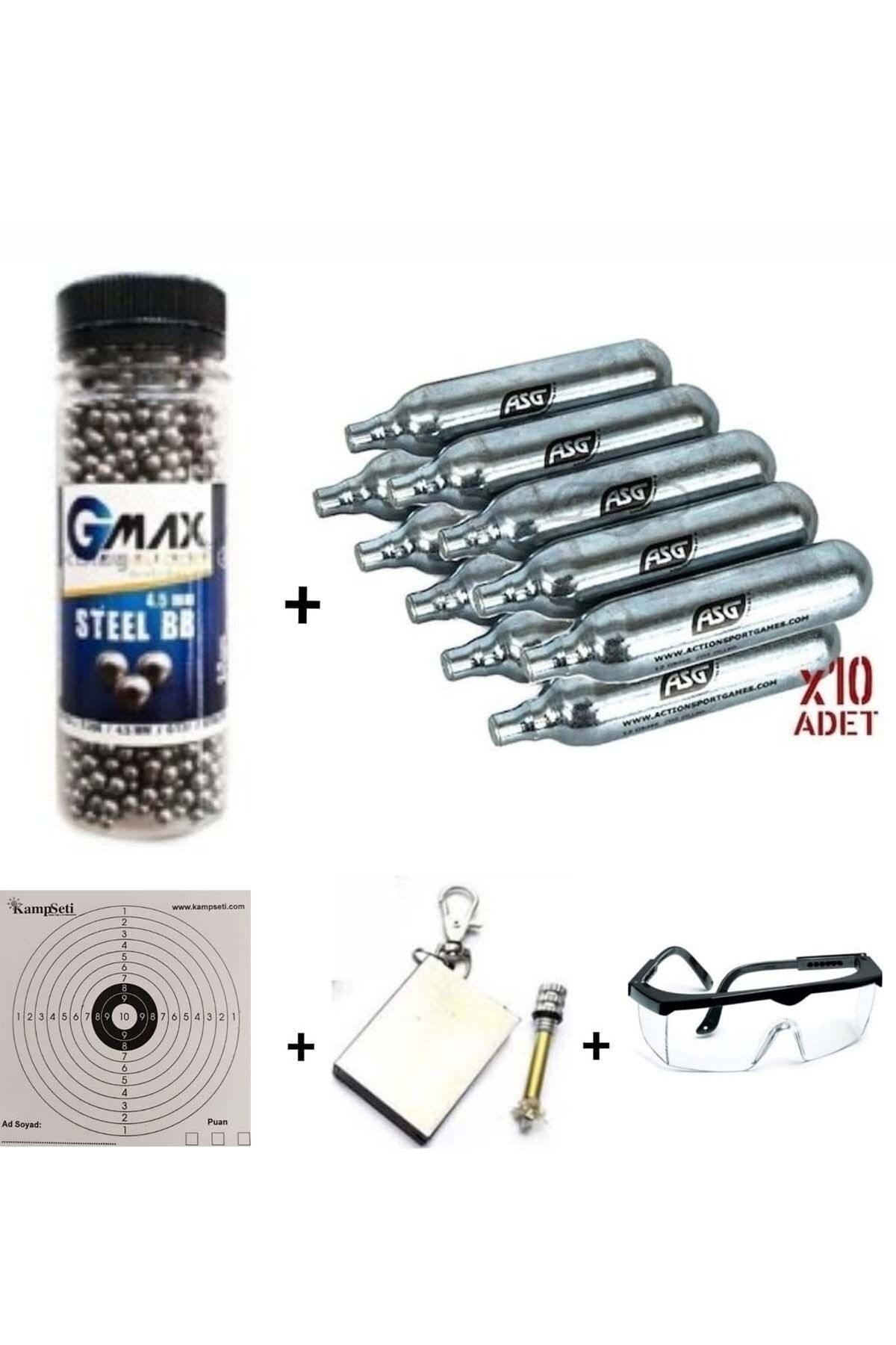 ASG 1500'lü Çelik Bilye 4,5 Mm Co2 Tüp 10 Adet 10 Adet Hedef Kağıdı 1 Adet Gözlük 1 Adet Çakmaktaş