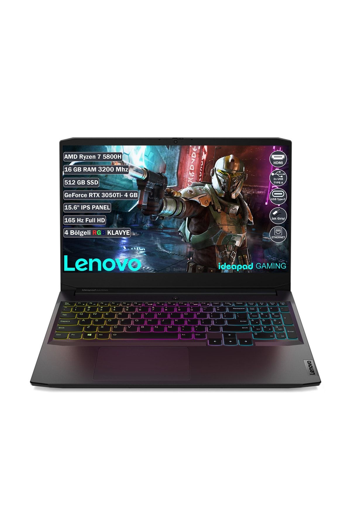 LENOVO IdeaPad Gaming3 Ryzen7 5800H 16GB 512GB RTX 3050Ti 4GB FDOS 15.6" FHD Notebook 82K200JWTX