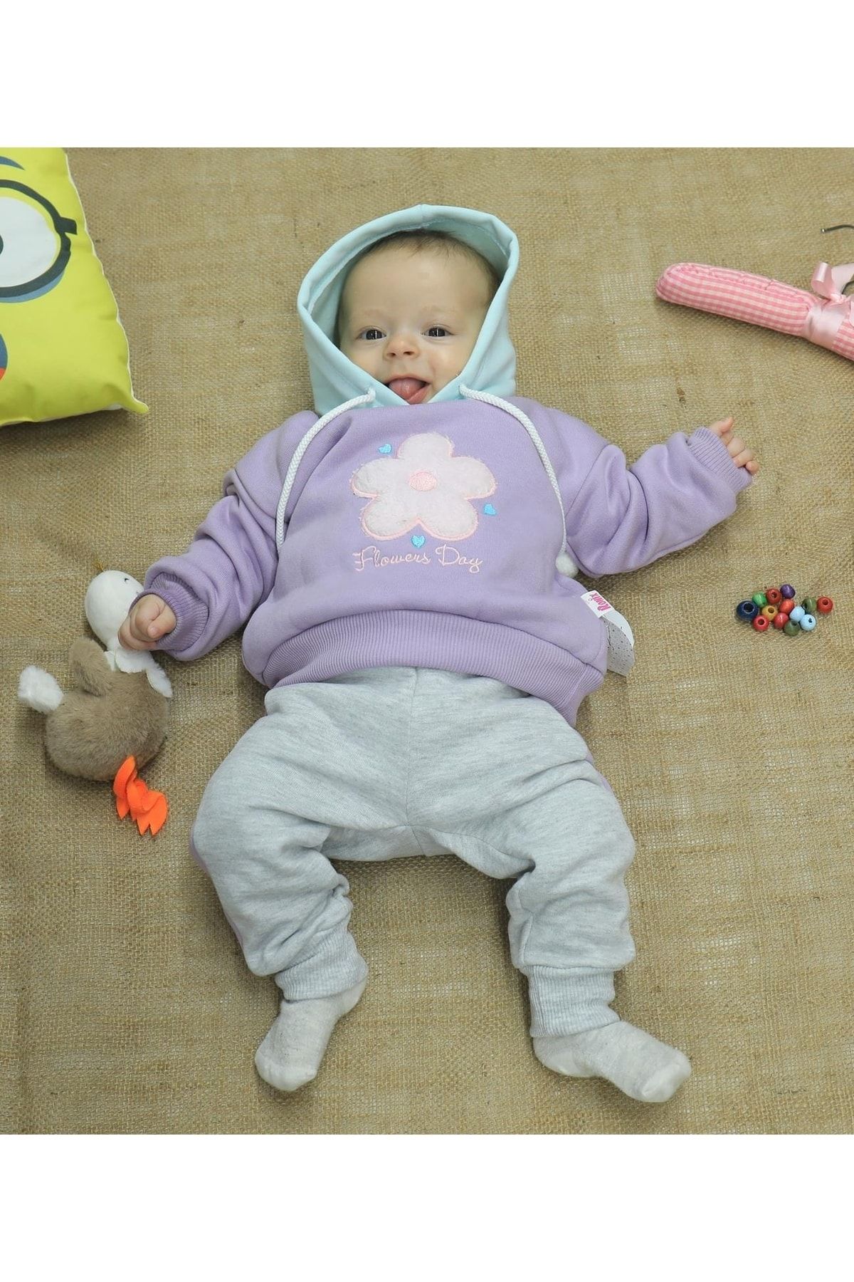 Nonna Baby Çiçek Nakışlı Kapşonlu Astarlı Bebek Pijama