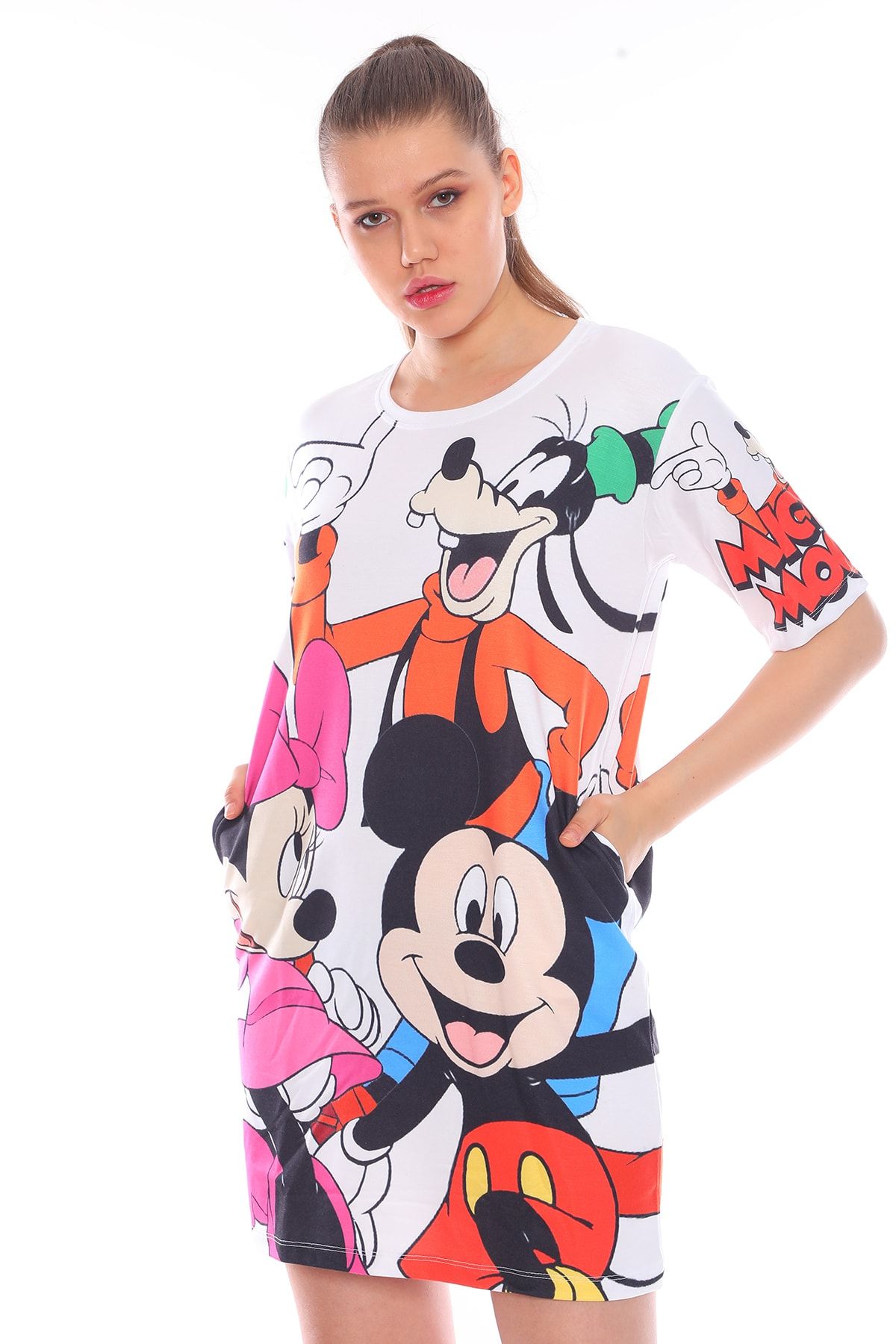 PodiumStar Mickey Mouse Ve Minnie Mouse Baskılı Kısa Kollu Pamuklu Likralı Rahat Kesim Elbise