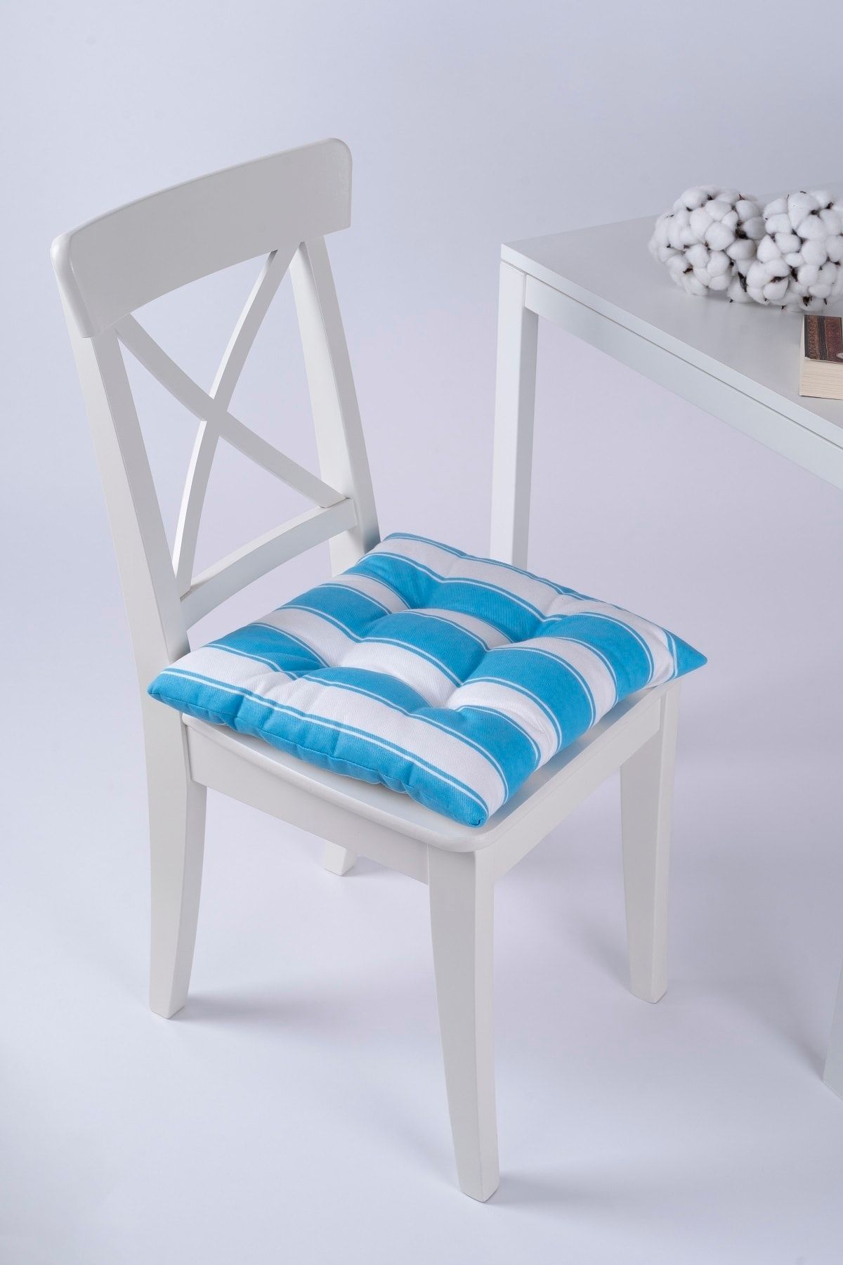 ALTINPAMUK Beta Pofidik Turkuaz Beyaz Sandalye Minderi Bağcıklı 40x40cm