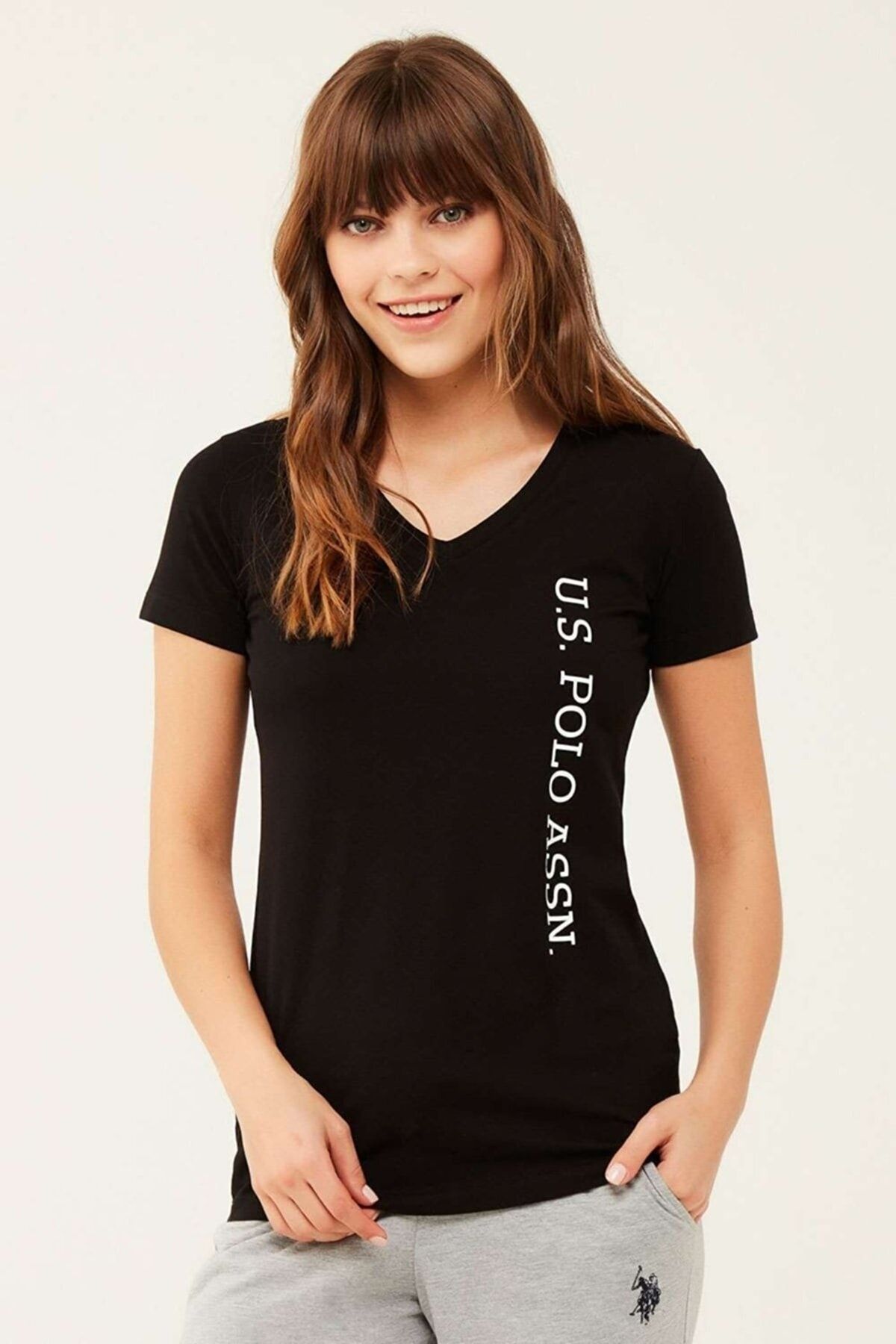 U.S. Polo Assn. Kadın, Lisanslı, Uspa, Siyah, V Yaka T-shirt