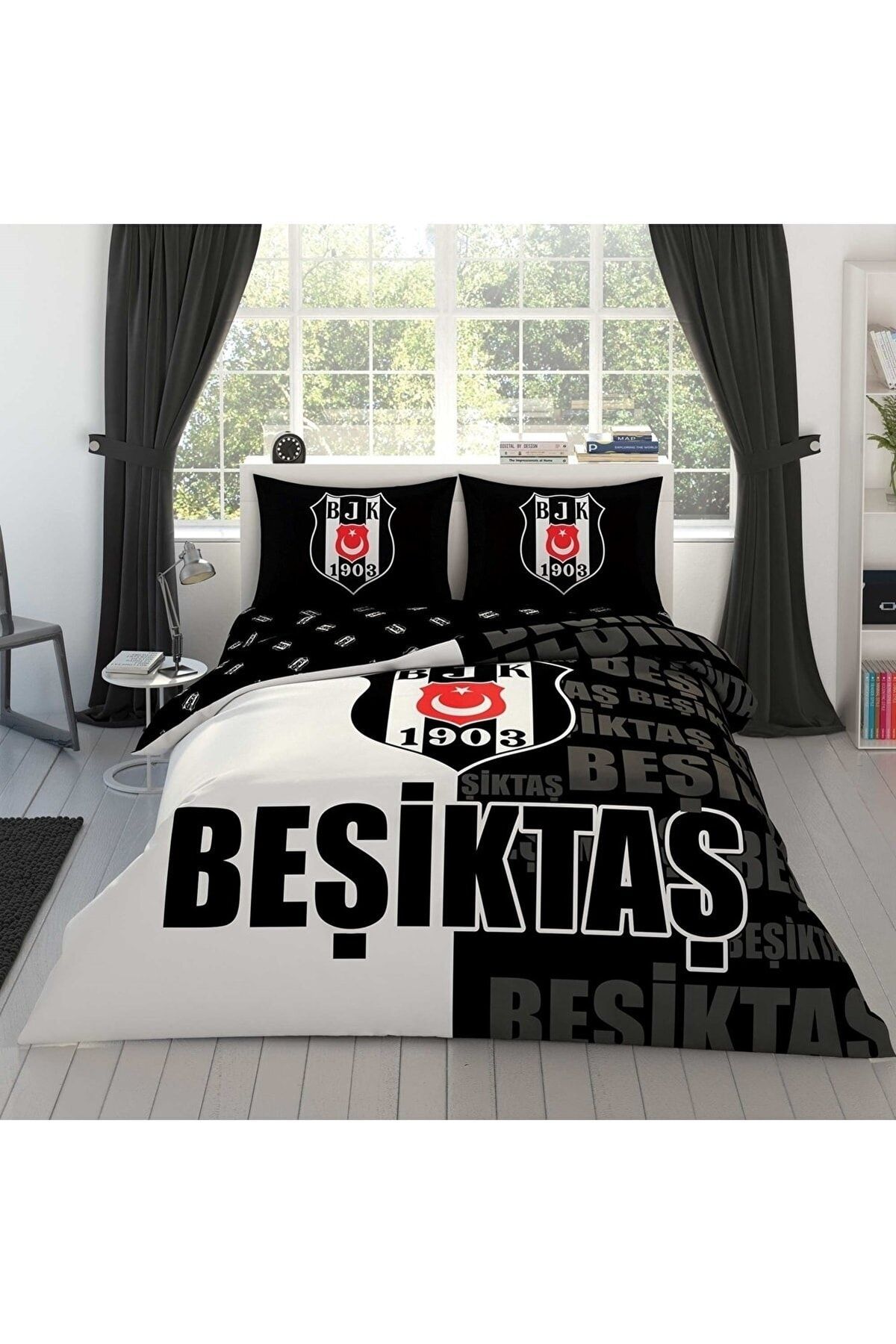 Beşiktaş Taç Lisanslı Taç Parçali Logo Çift Kişilik Nevresim Takımı Lastikli Çarşaflı