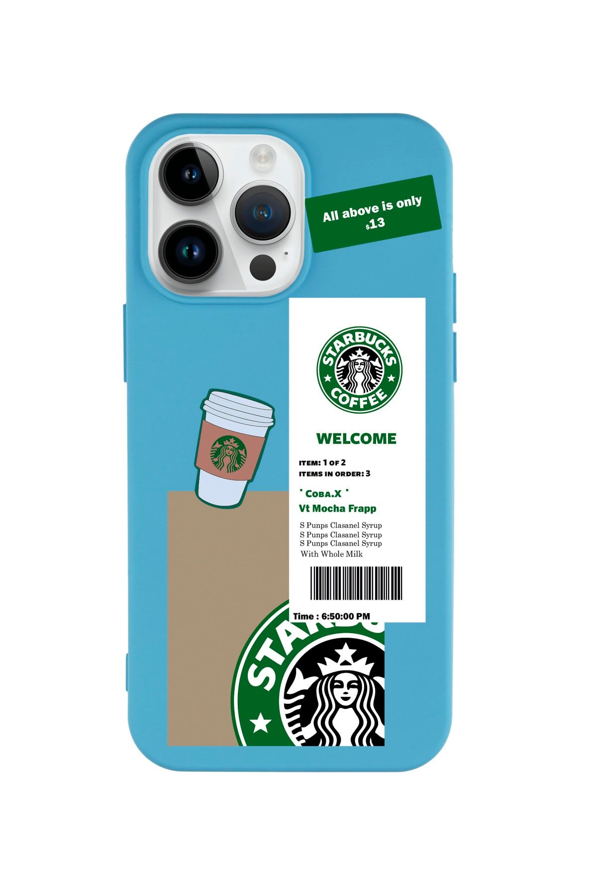 butikcase Iphone 14 Pro Kahve Sticker Desenli Lansman Mavi Telefon Kılıfı