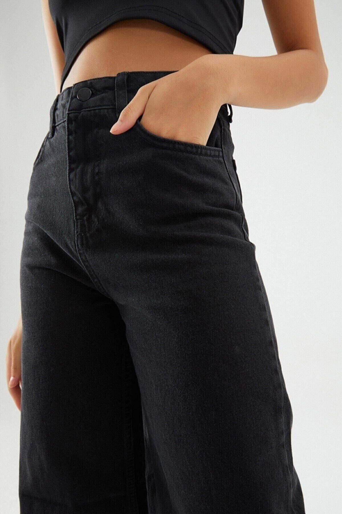 Livik Tıssat Siyah Solmayan Süper Yüksek Bel Bol Paça Denim Kot Pantolon