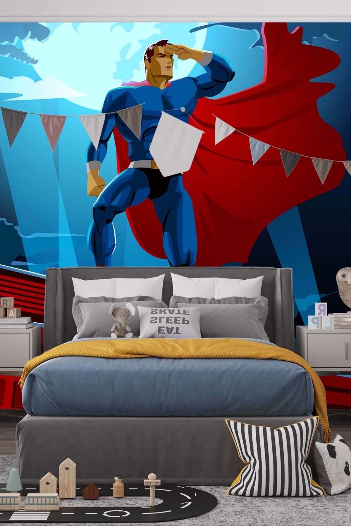Dekoros Tek Parça Süper Kahraman Çocuk Odası Duvar Kağıdı