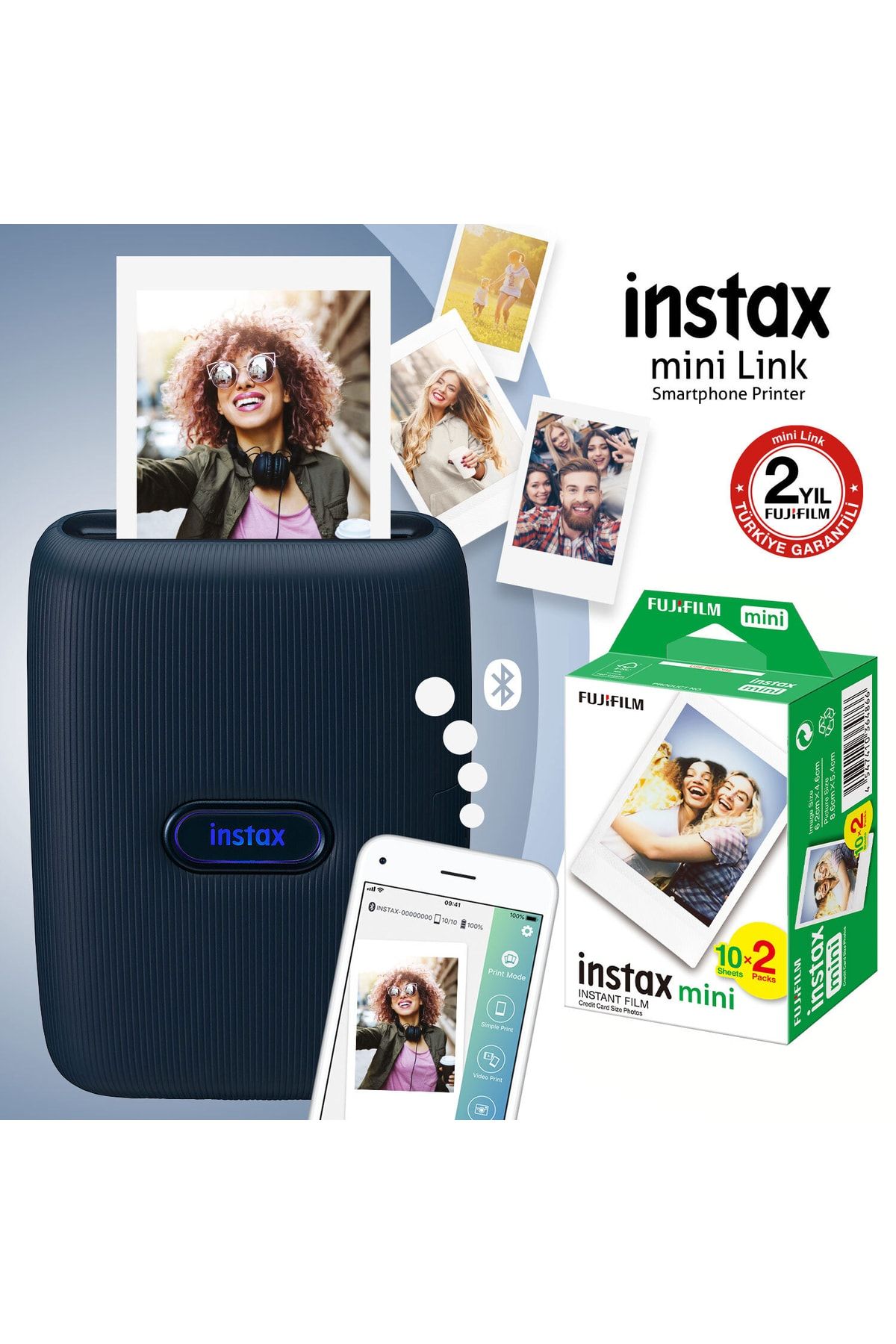 Fujifilm Instax mini Link Mavi Akıllı Telefon Yazıcısı ve 20'li mini Film
