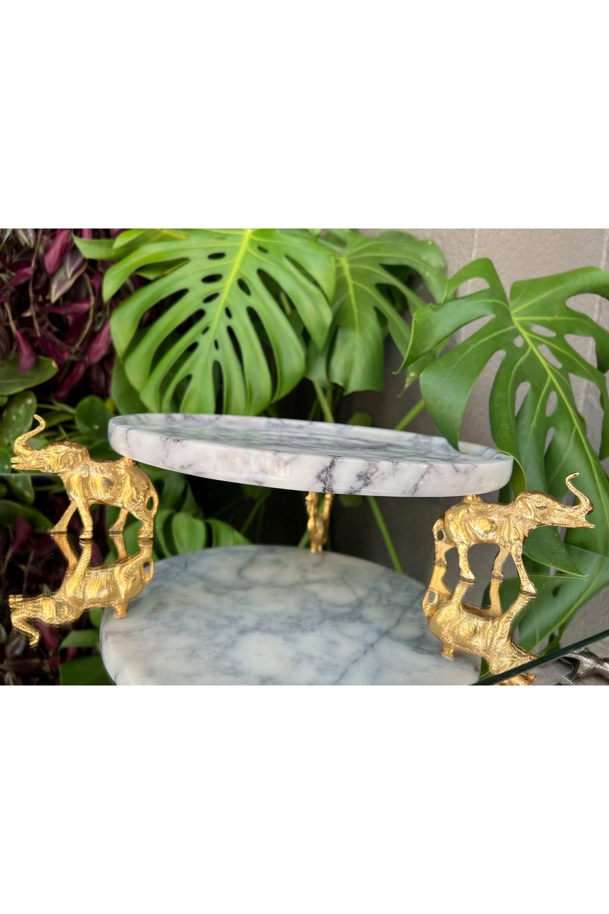 MIARIK DESIGN & DEKORASYON Dekoratıf Gold Fıl Detaylı Leylak Mermer Sunum Servıs Tabagı