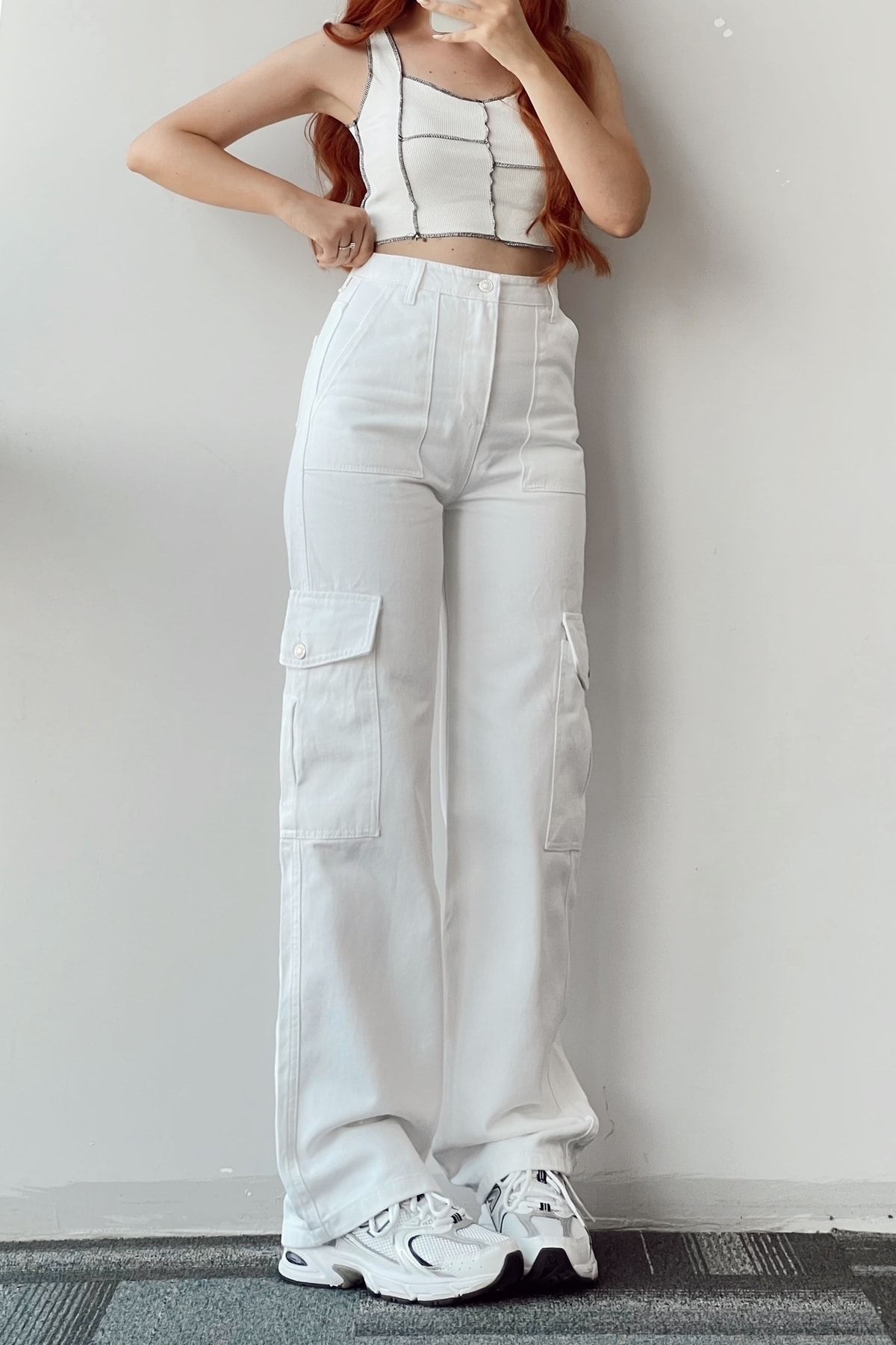 Ef Butik Beyaz Kargo Cep Wide Jeans