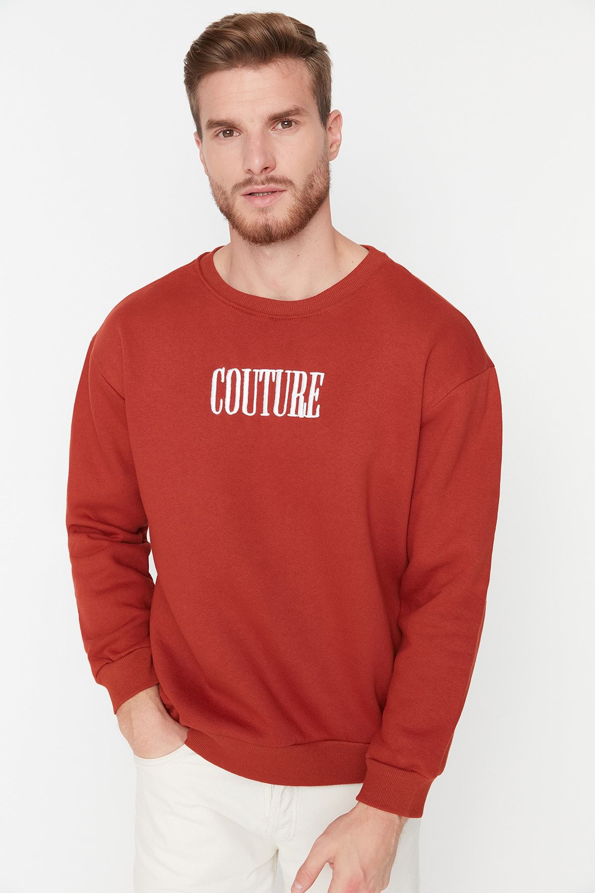 TRENDYOL MAN Kiremit Regular/Normal Kesim İçi Polar/Sıcak Tutan Nakışlı Sweatshirt TMNAW21SW1538