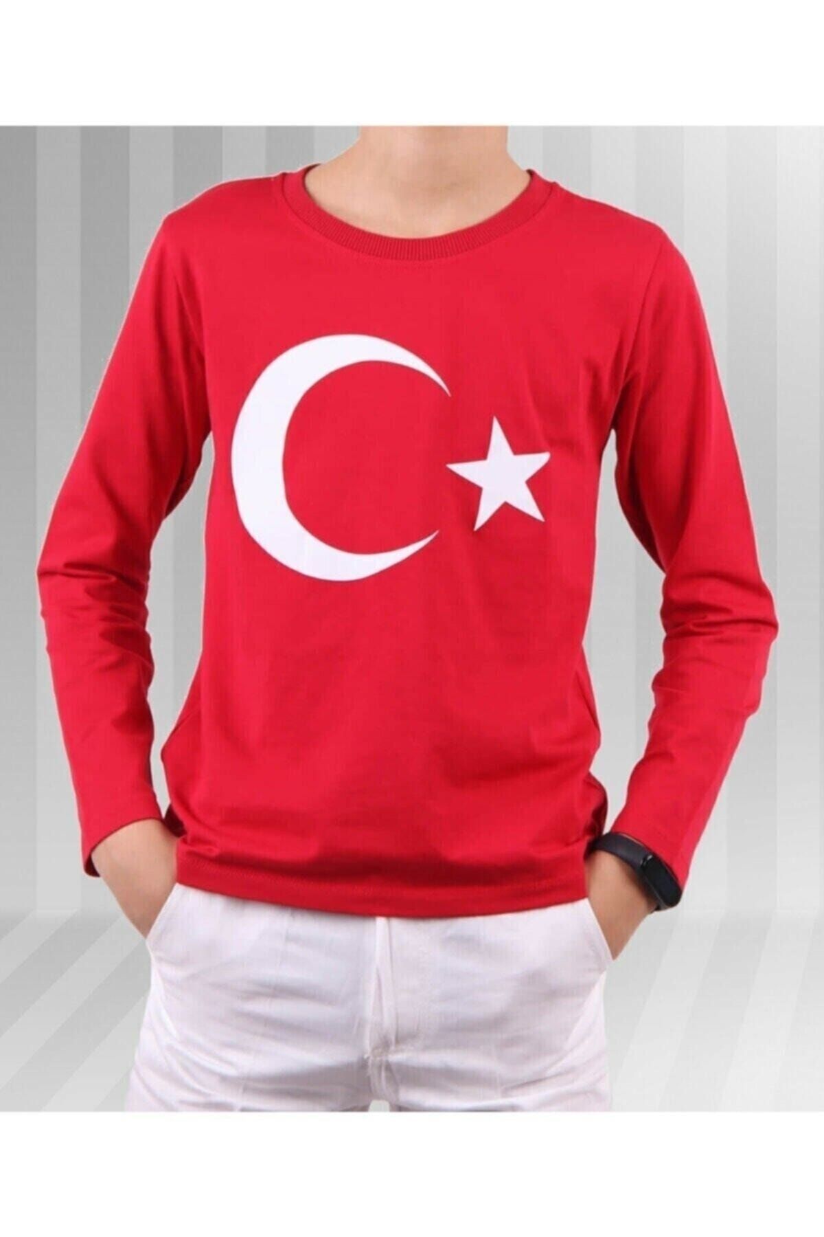 durumod Unisex Çocuk Kırmızı Ay Yıldız Türk Bayraklı Uzun Kollu T-shirt