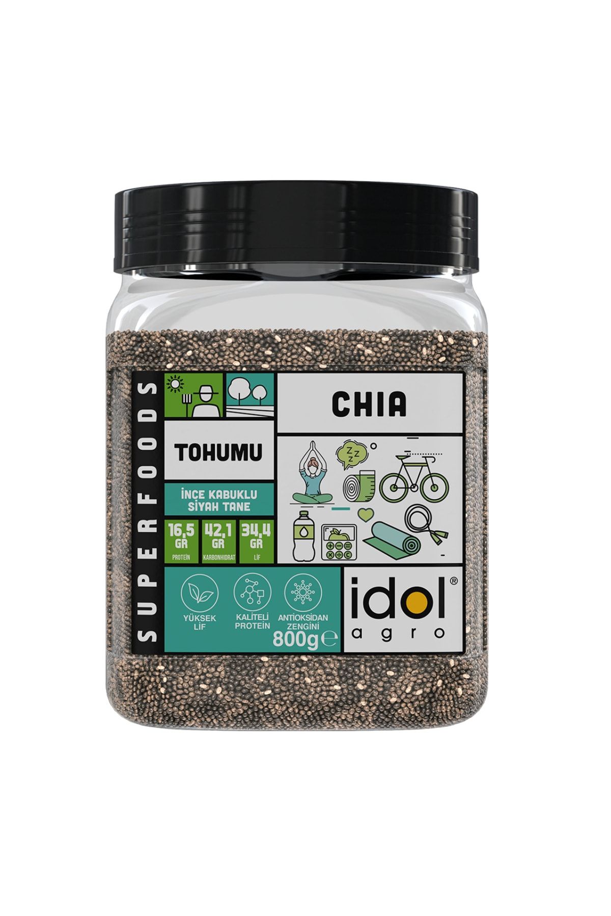 idolagro Chia Tohumu - 800 gr - Superfoods - Glutensiz - Keto Dostu - Tam Protein Yüksek Lif