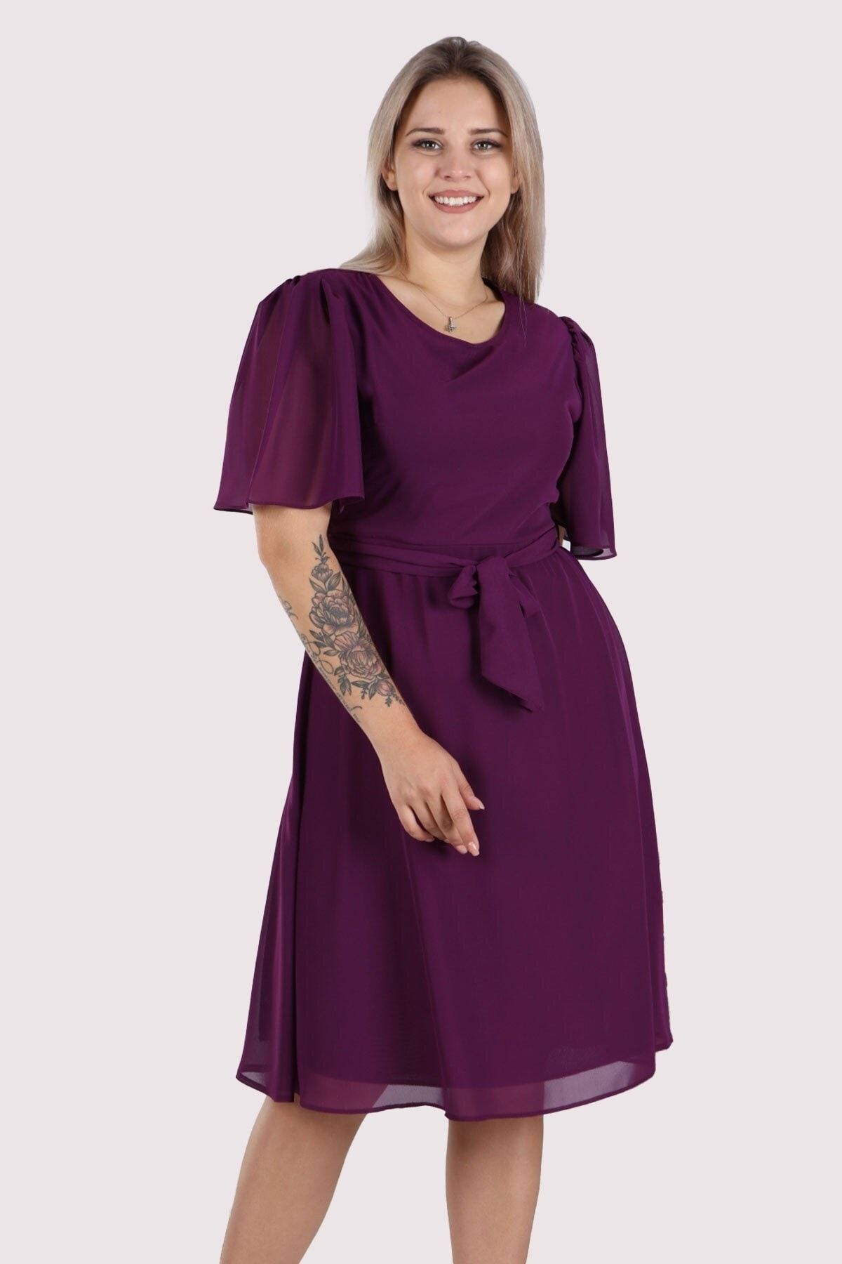 apsen Kadın Büyük Beden Bağlama Detaylı Midi Şifon Elbise 4257/110