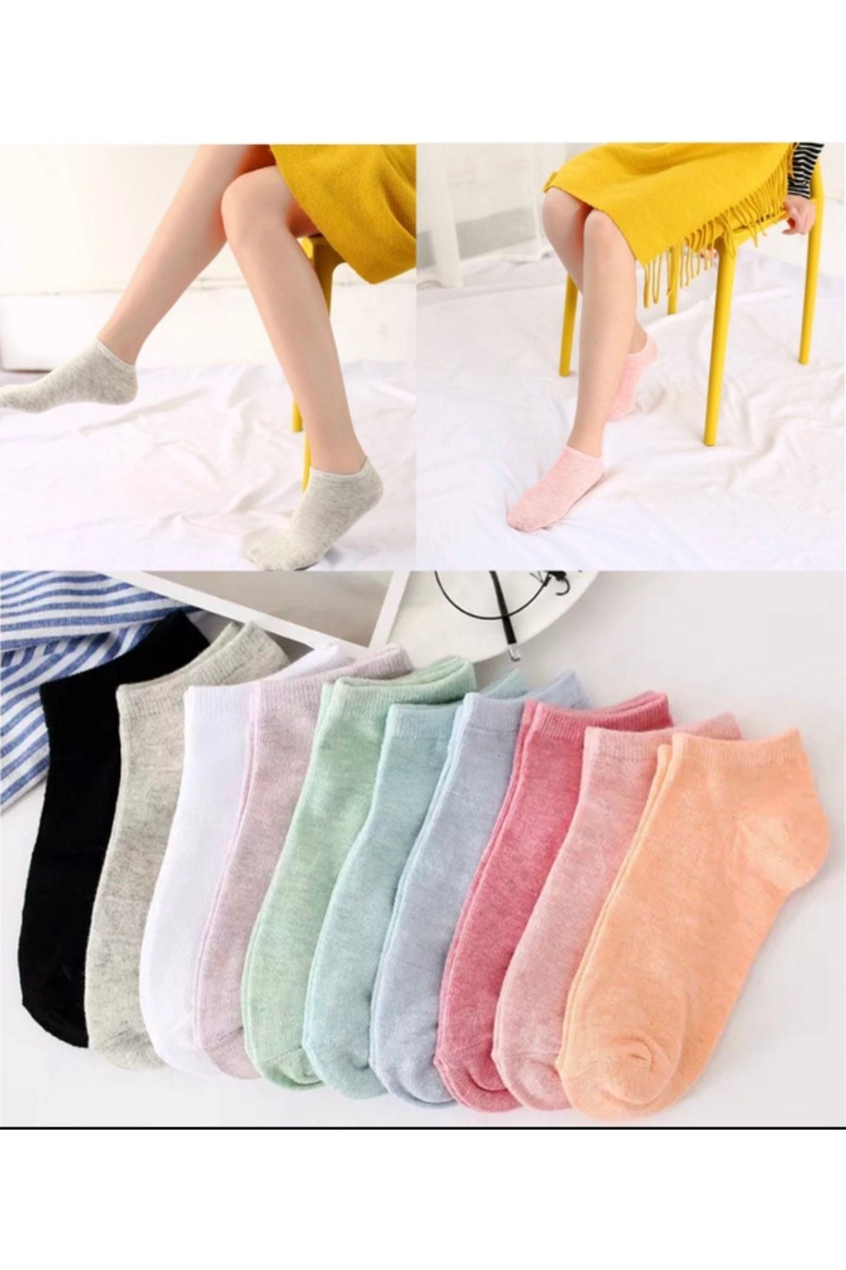 dm del more 10 Çift Kadın Desensiz 10 Renkli Yıkamalı Düz Patik Bilek Çorap