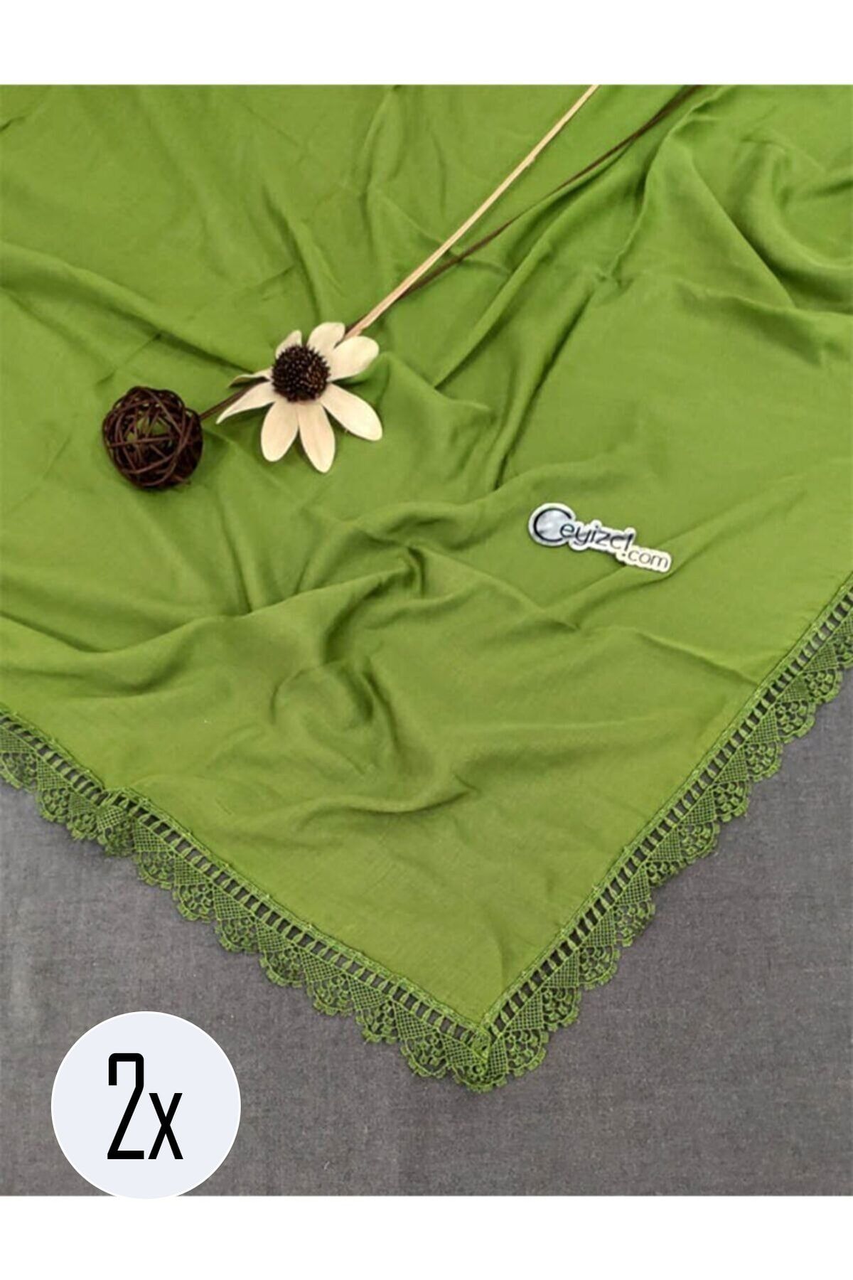Çt Çeyizci Tekstil 2 Adet, Çeyizlik Şal, Yazma, Çeyizlik Yemeni, Dantelli Yazma 2 Adet 100x100cm - Kına Yeşili
