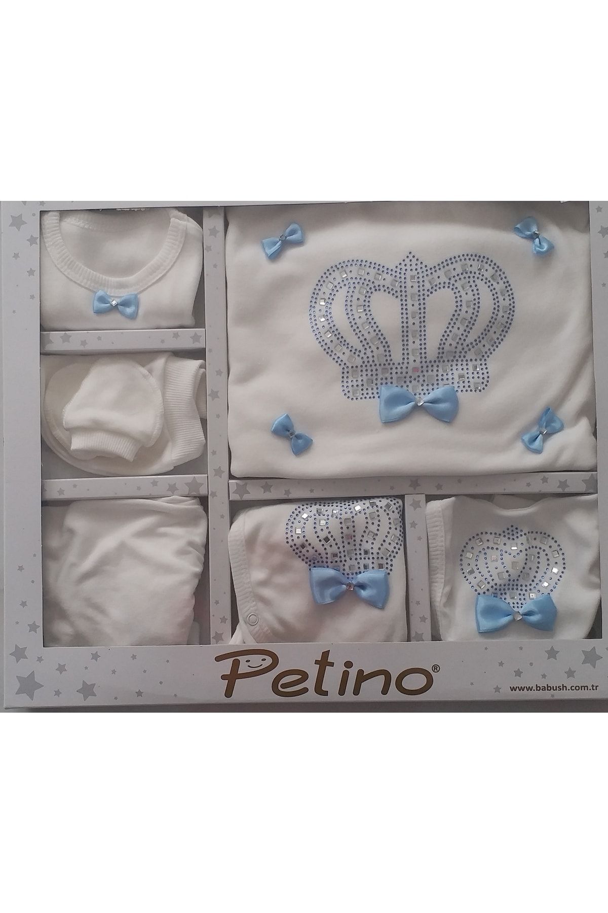 Petino Erkek Bebek Mavi 10 Parça Prens Taç Ve Taşlı Hastane Çıkışı Zıbın Takımı