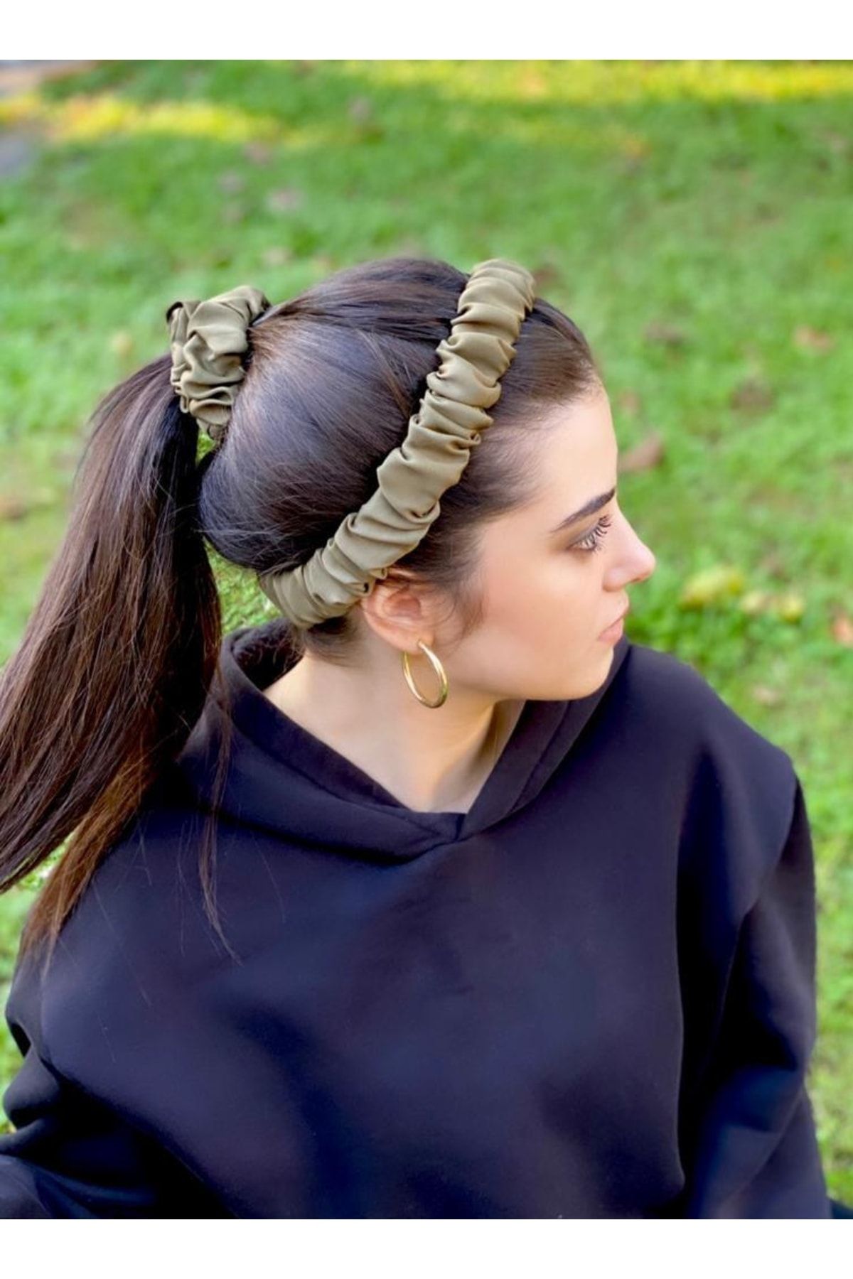 KİKİYS El Yapımı Kadın Saten Saç Bandı Ve Toka Seti Haki Yeşili