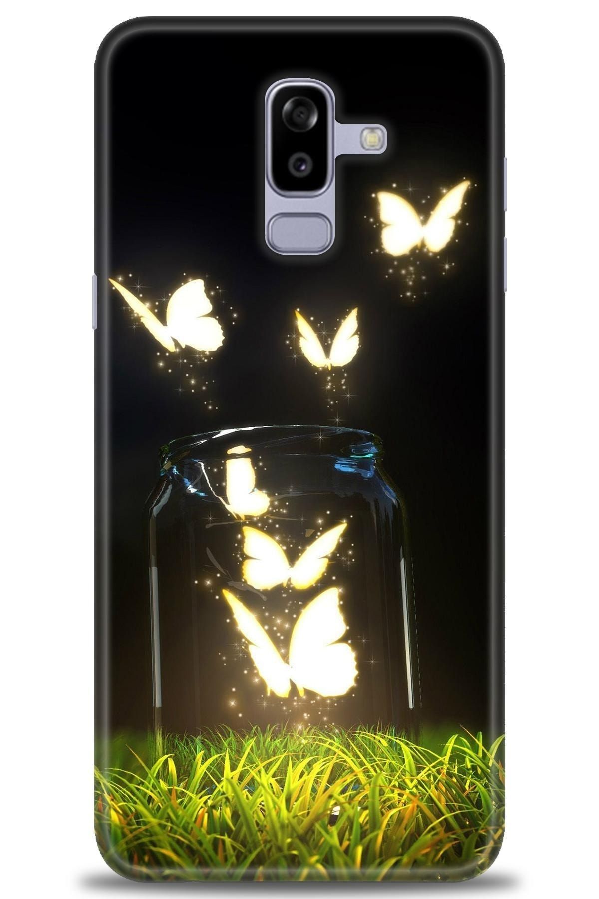 Turkiyecepaksesuar Samsung Galaxy A6 Plus 2018 Kılıf Hd Baskılı Kılıf - Işıklı Kelebekler + Tempeli Cam