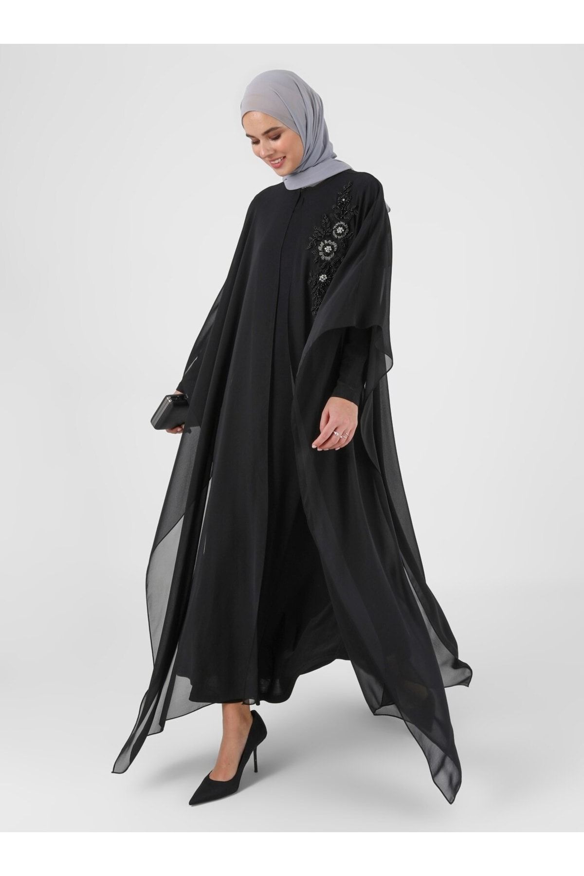 Refka Boncuk Işlemeli Elbise&abaya Ikili Tesettür Abiye Takım - Siyah - Woman
