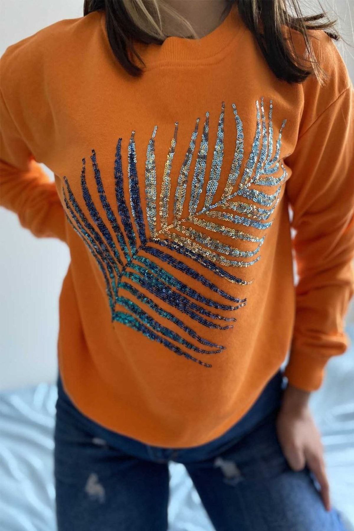 FancyWorld Oranj Renk Yaprak Desen Pul Payet Işlemeli %100 Pamuk Sweatshirt