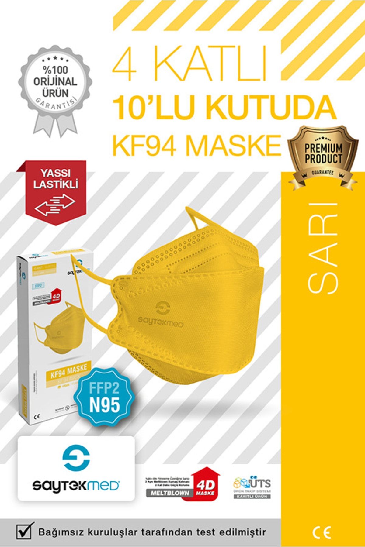 SAYTEKMED N95/ffp2 Kore Tipi 4 Katlı Sarı Maske Tekli Poşet, Uv Steril (10 ADET/1 KUTU)