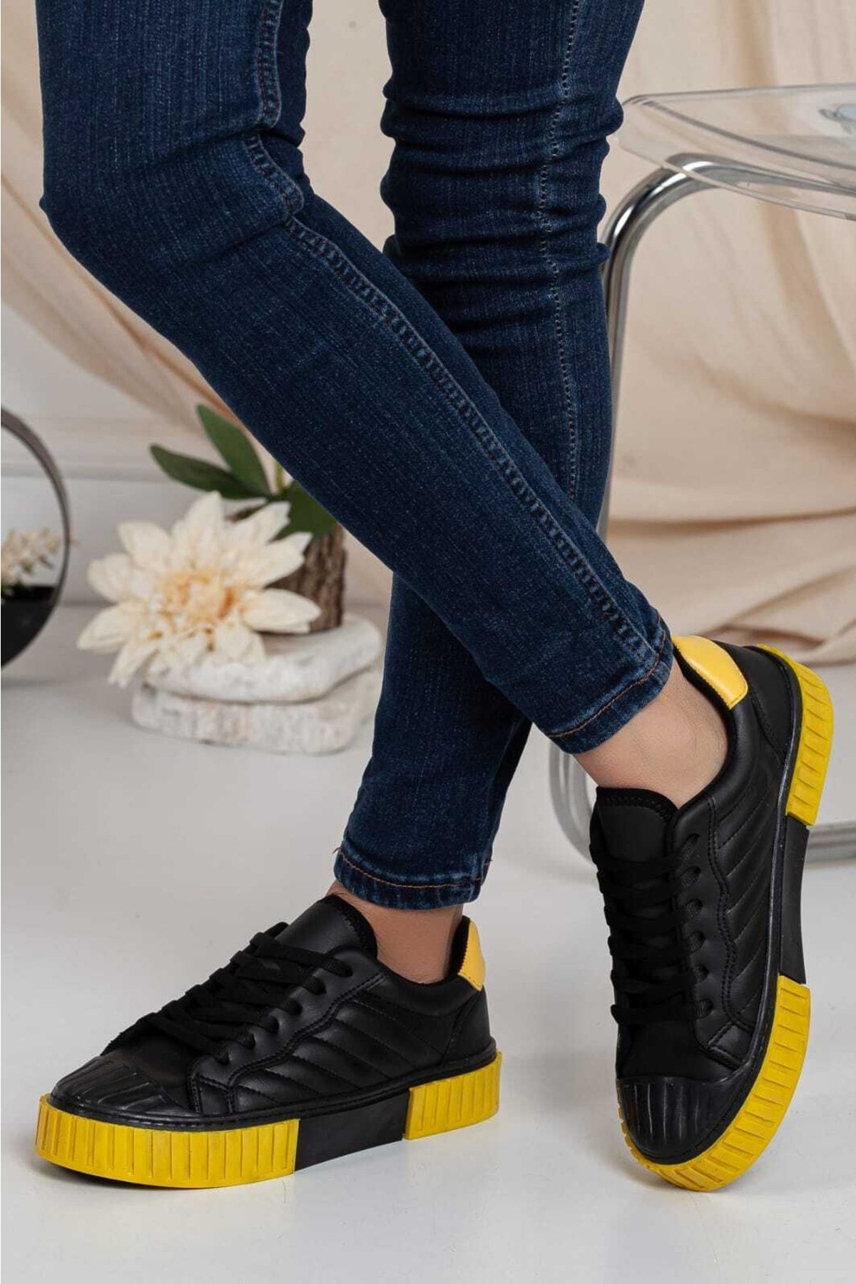 Odal Shoes Kadın-erkek Ünisex Dikişli Perfect Siyah-sarı Sneaker