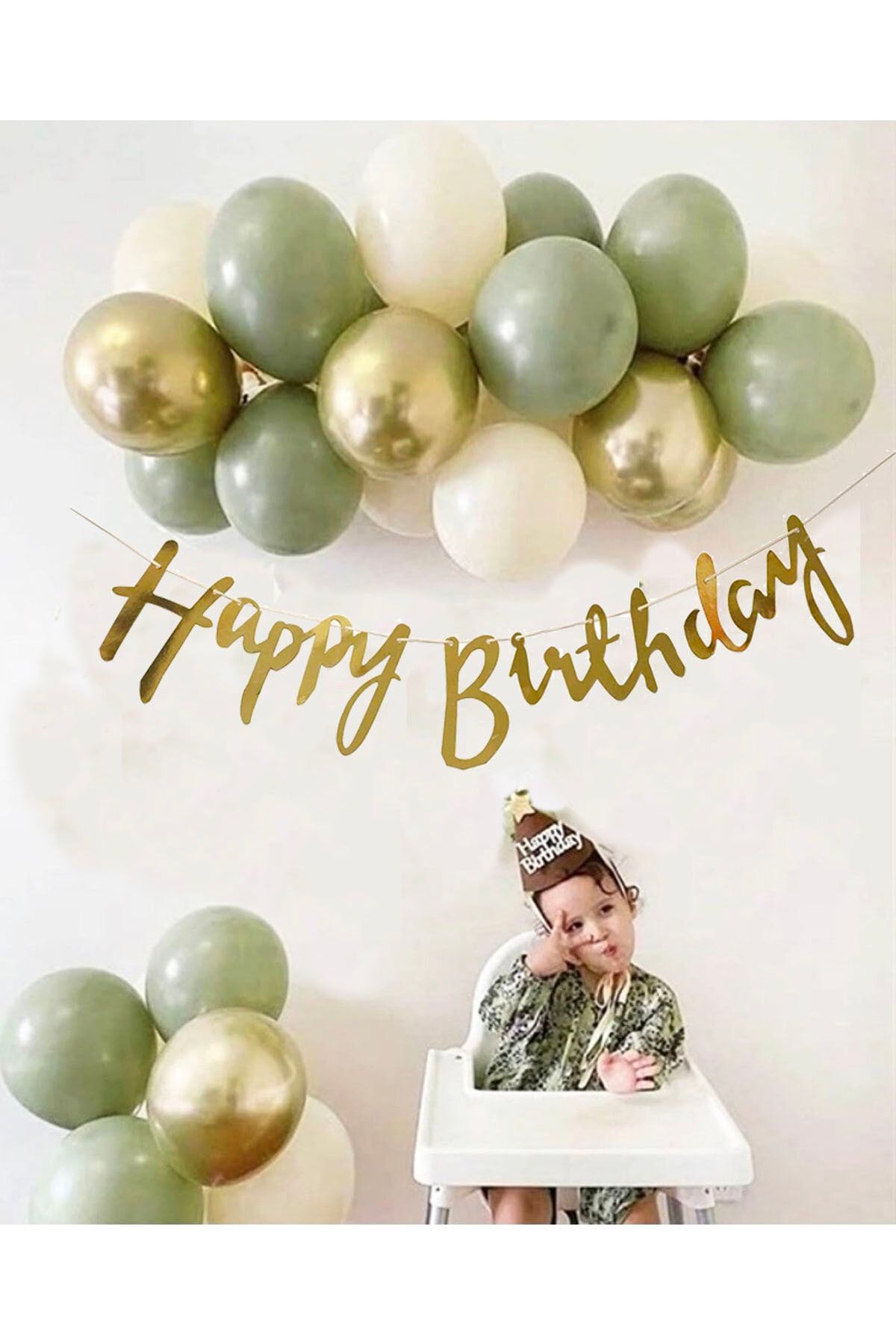 Parti Dolabı 7 Küf Yeşili 3 Krom Gold 3 Kum Rengi Pastel Balon Gold Happy Birthday Banner Mini Zincir Balon Seti