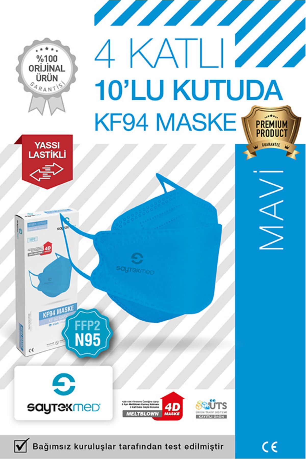 SAYTEKMED N95/FFP2 Kore Tipi, 4 katlı, Gök Mavi Maske, Tekli Paket, UV Steril (1 Kutu/ 10 Adet)